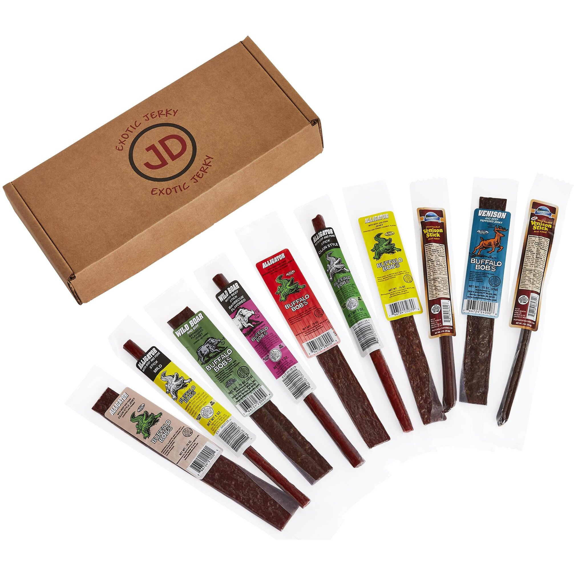 Jerky Dynasty Bayou Mix - Exotic Beef Jerky Snack Packs With Venison, Wild Boar & Alligator - Unique Flavors From Around The World In Slim Stick Style Jerky Variety Pack - (10 Pack)