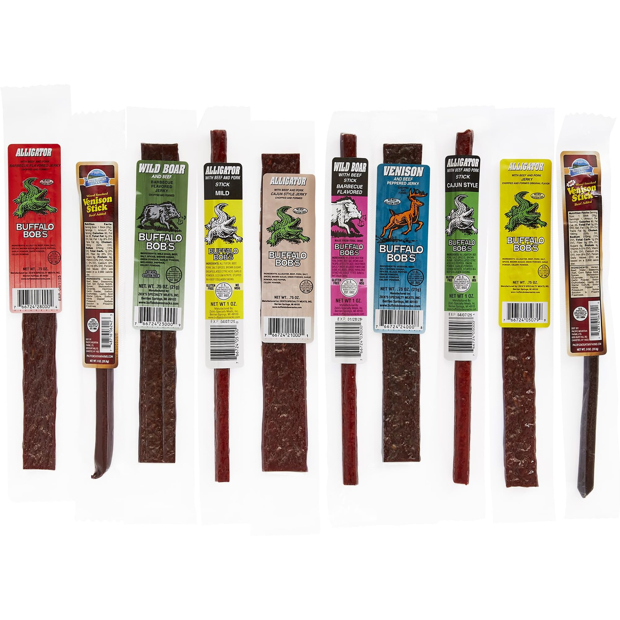 Jerky Dynasty Bayou Mix - Exotic Beef Jerky Snack Packs With Venison, Wild Boar & Alligator - Unique Flavors From Around The World In Slim Stick Style Jerky Variety Pack - (10 Pack)