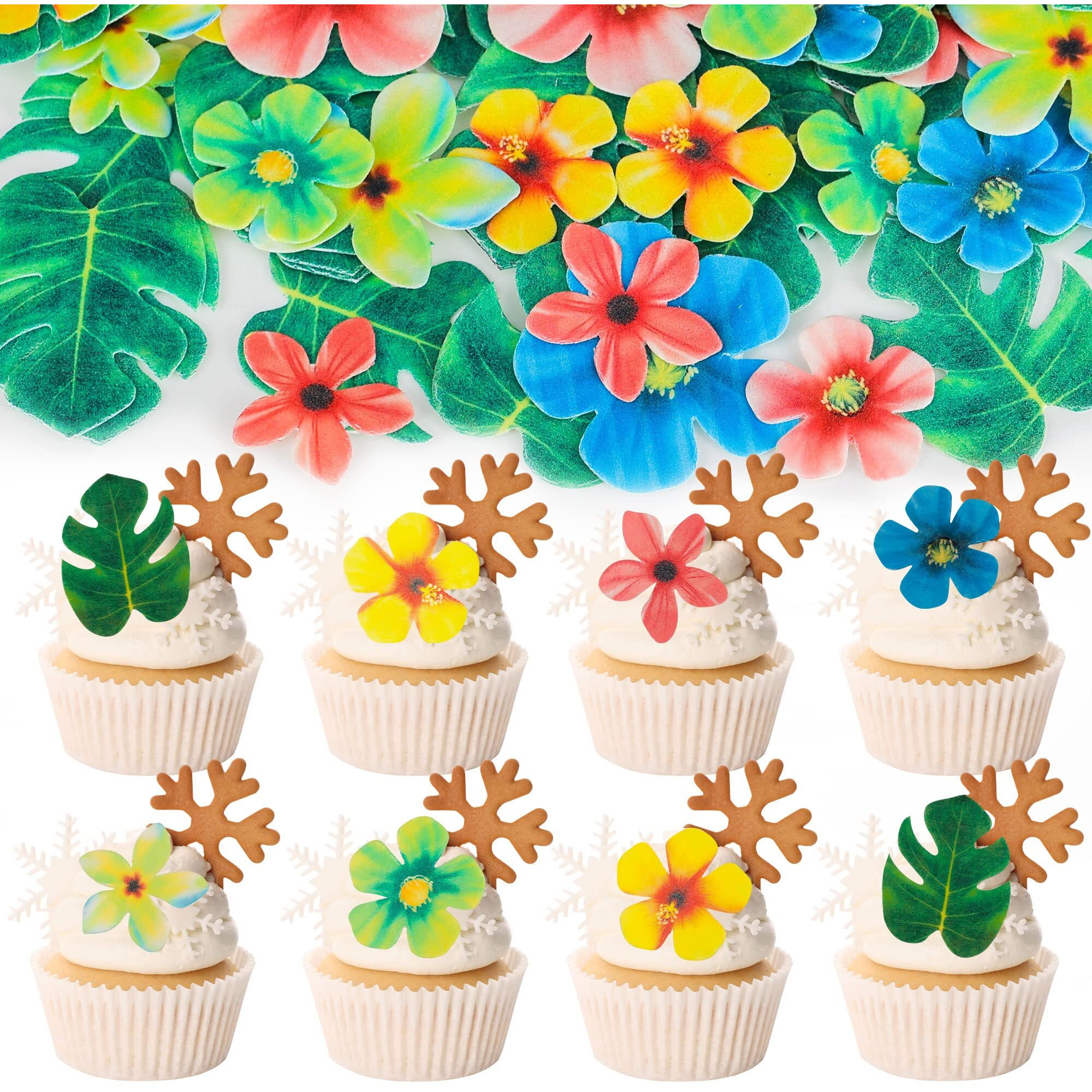 Gyufise 83Pcs Edible Tropical Palm Leaves Flowers Cupcake Toppers Palm Leaf Mini Flowers Cupcake Picks Hawaii Theme Cake Decorations For Jungle Summer Party Supplies