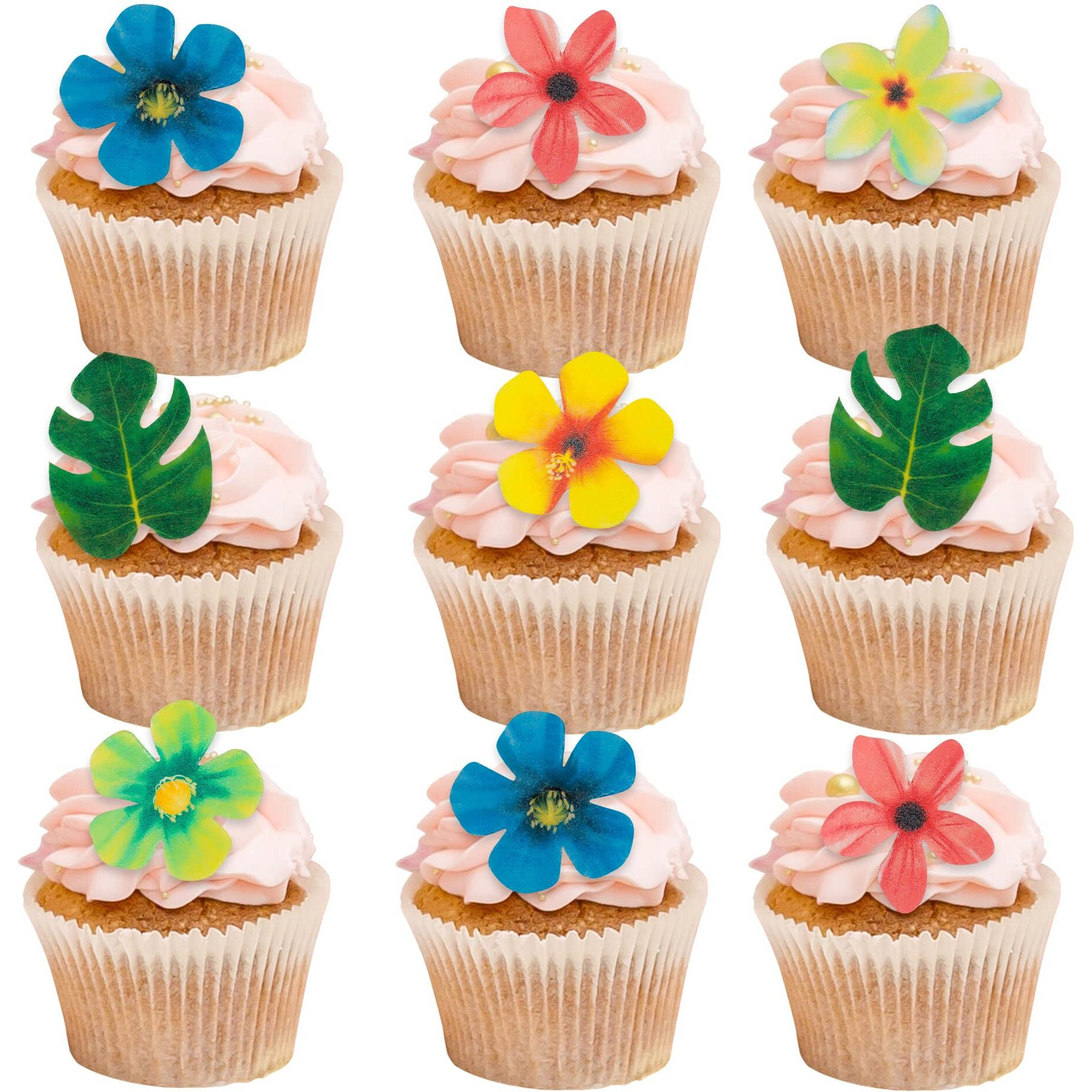 Gyufise 83Pcs Edible Tropical Palm Leaves Flowers Cupcake Toppers Palm Leaf Mini Flowers Cupcake Picks Hawaii Theme Cake Decorations For Jungle Summer Party Supplies