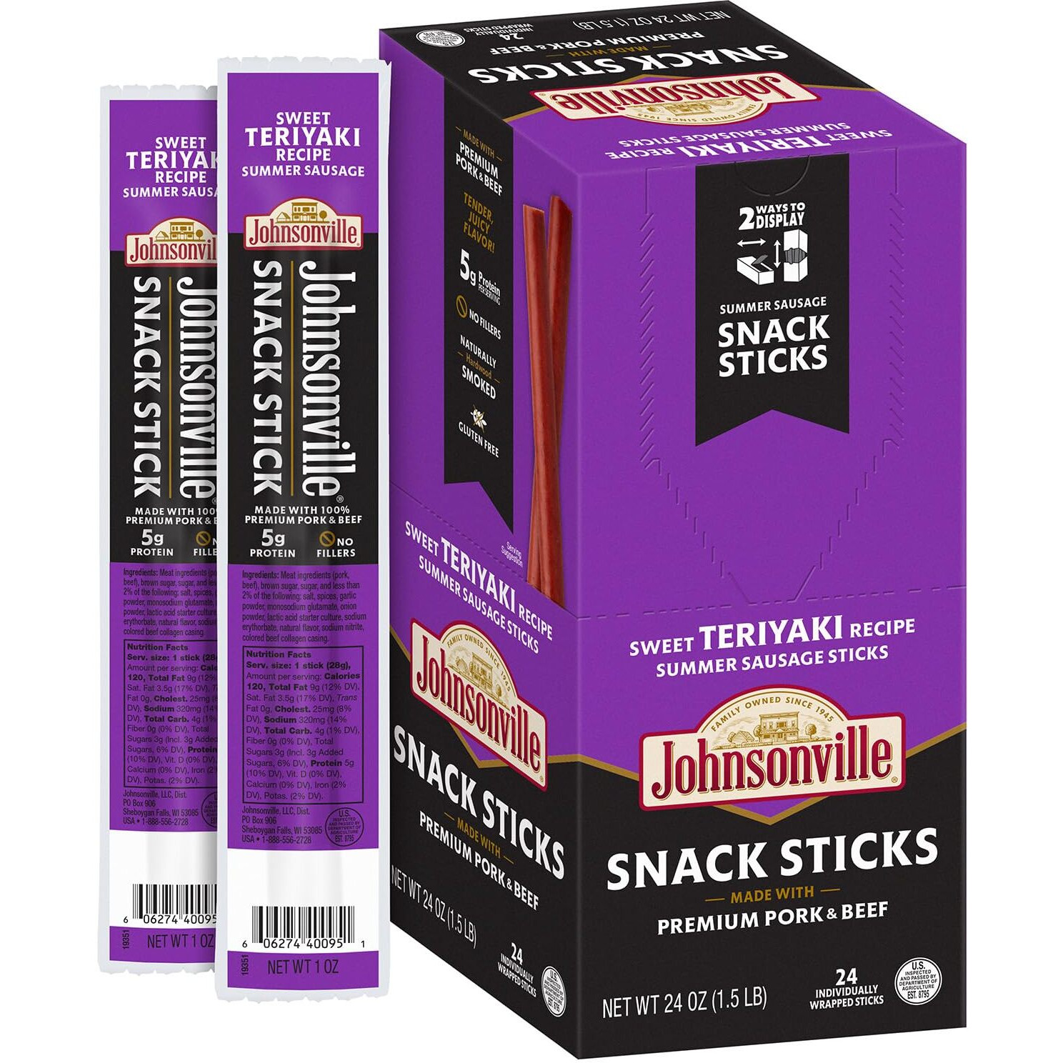 New Johnsonville Sweet Teriyaki Summer Sausage Sticks, 1-Ounce (24-Count) - Meat Snack From The 1 Sausage Brand In The U.S., Made With Premium Cuts Of Meat, Naturally Smoked, Good Source Of Protein