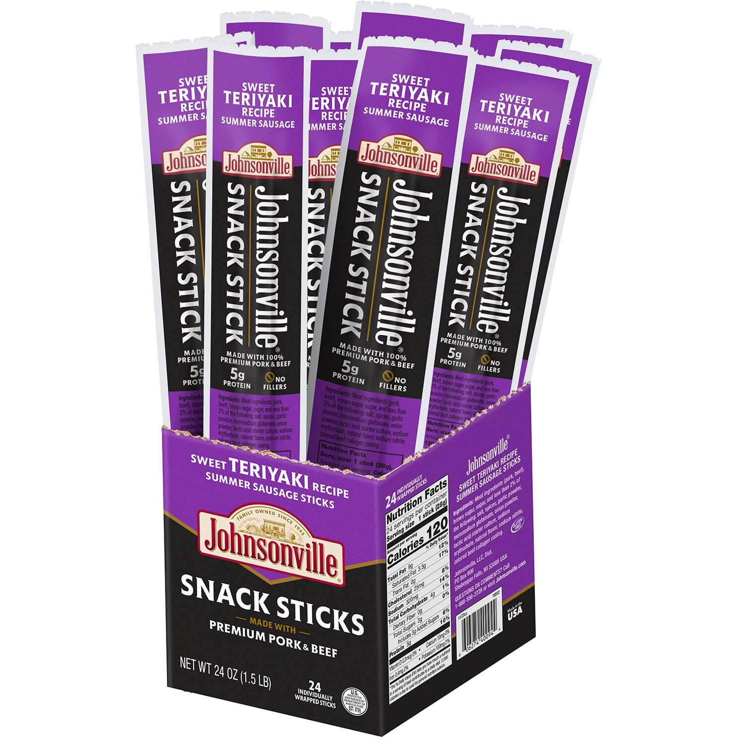 New Johnsonville Sweet Teriyaki Summer Sausage Sticks, 1-Ounce (24-Count) - Meat Snack From The 1 Sausage Brand In The U.S., Made With Premium Cuts Of Meat, Naturally Smoked, Good Source Of Protein