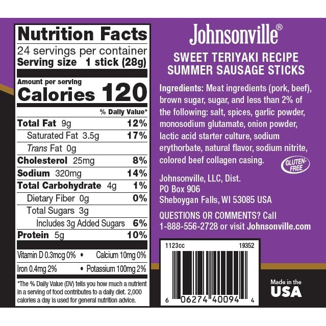 New Johnsonville Sweet Teriyaki Summer Sausage Sticks, 1-Ounce (24-Count) - Meat Snack From The 1 Sausage Brand In The U.S., Made With Premium Cuts Of Meat, Naturally Smoked, Good Source Of Protein