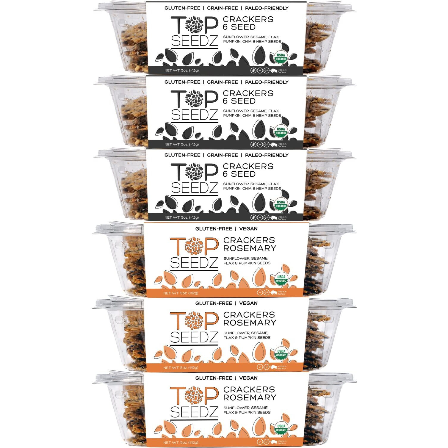 Top Seedz Certified Organic Gluten Free Rosemary And 6 Seed Crackers | 6-Pack | 5 Ounces | Healthy Vegan Crackers With Plant Based Protein | Made Of Sunflower, Flax, Sesame And Pumpkin Seed