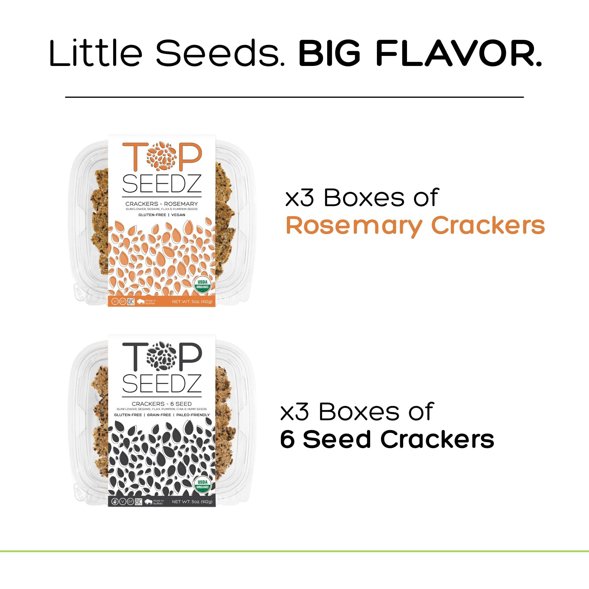 Top Seedz Certified Organic Gluten Free Rosemary And 6 Seed Crackers | 6-Pack | 5 Ounces | Healthy Vegan Crackers With Plant Based Protein | Made Of Sunflower, Flax, Sesame And Pumpkin Seed