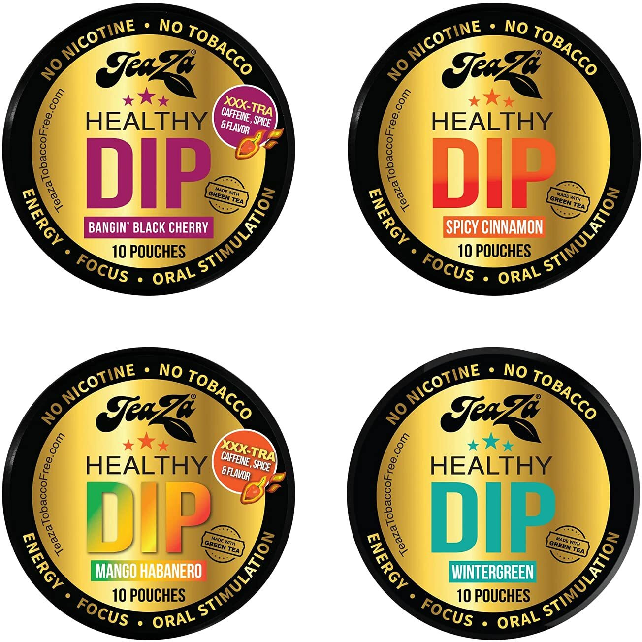 Teaza The Bold & Bangin Black Cherry & Wintergreen & Spicy Cinnamon & Mango Habanero Bundle - Herbal Snuff - Great Tasting & Refreshing - 4 Count