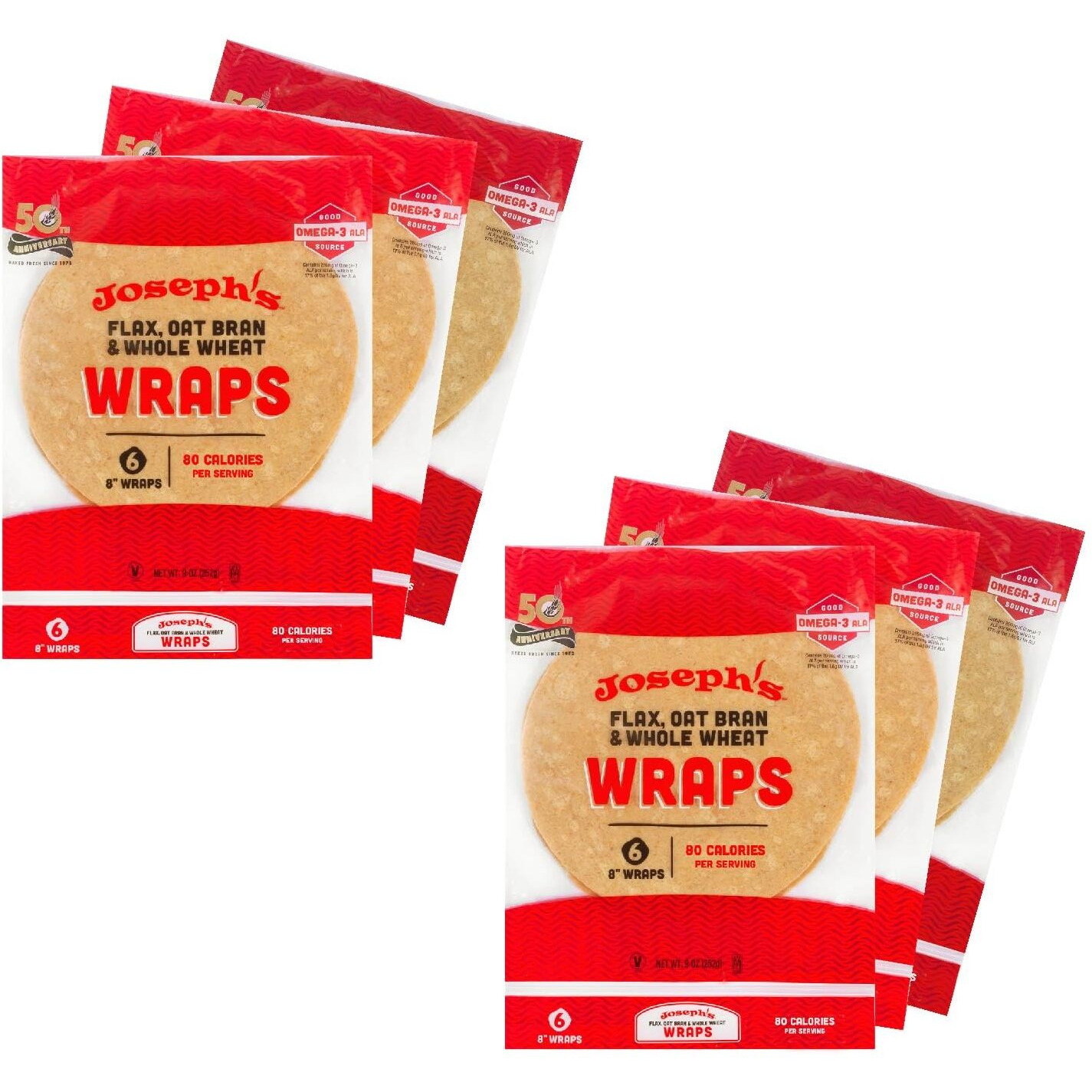Joseph's Low Carb Wrap Value 6-Pack, Flax, Oat Bran And Whole Wheat, 8G Carbs Per Serving, Fresh Baked (6 Per Pack, 36 Wraps Total)