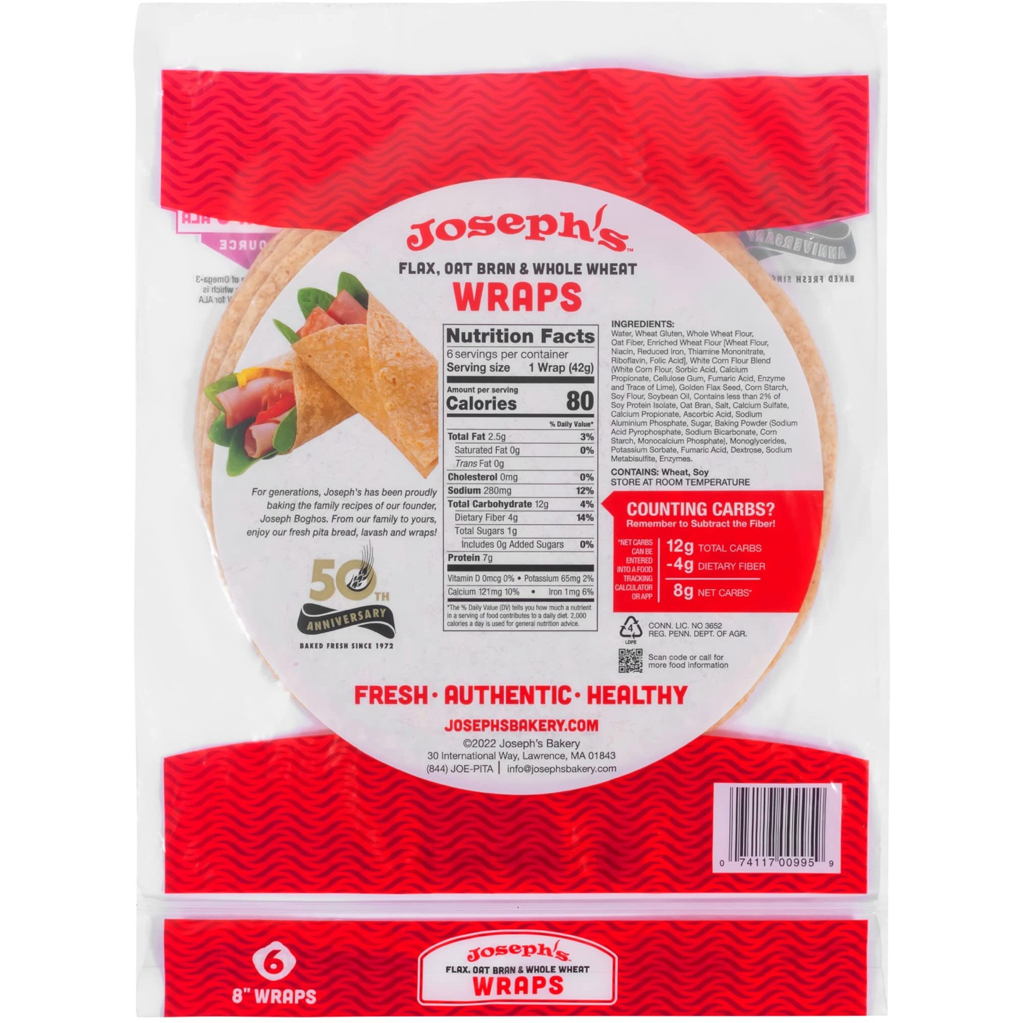 Joseph's Low Carb Wrap Value 6-Pack, Flax, Oat Bran And Whole Wheat, 8G Carbs Per Serving, Fresh Baked (6 Per Pack, 36 Wraps Total)