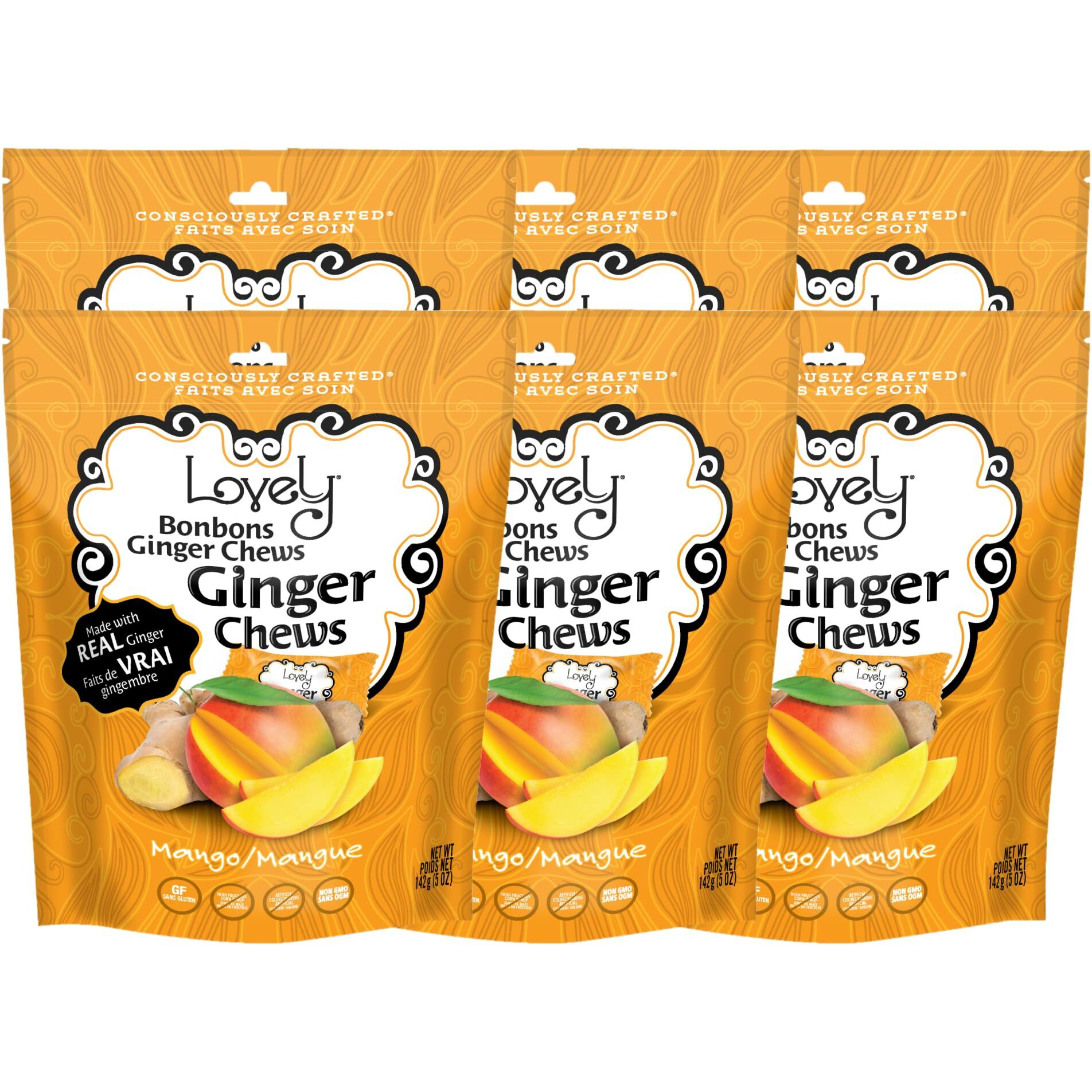 Lovely Candy Co. Mango Ginger Chews, Made With Real Ginger, Individually Wrapped, 5Oz (6-Pack) | Gluten-Free, Non-Gmo, No Artificial Ingredients, No High Fructose Corn Syrup | 4 Simple Ingredients