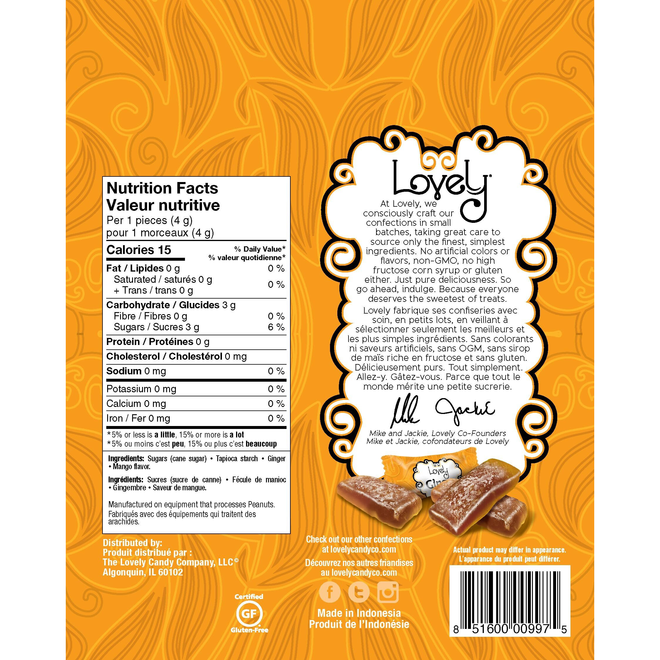 Lovely Candy Co. Mango Ginger Chews, Made With Real Ginger, Individually Wrapped, 5Oz (6-Pack) | Gluten-Free, Non-Gmo, No Artificial Ingredients, No High Fructose Corn Syrup | 4 Simple Ingredients