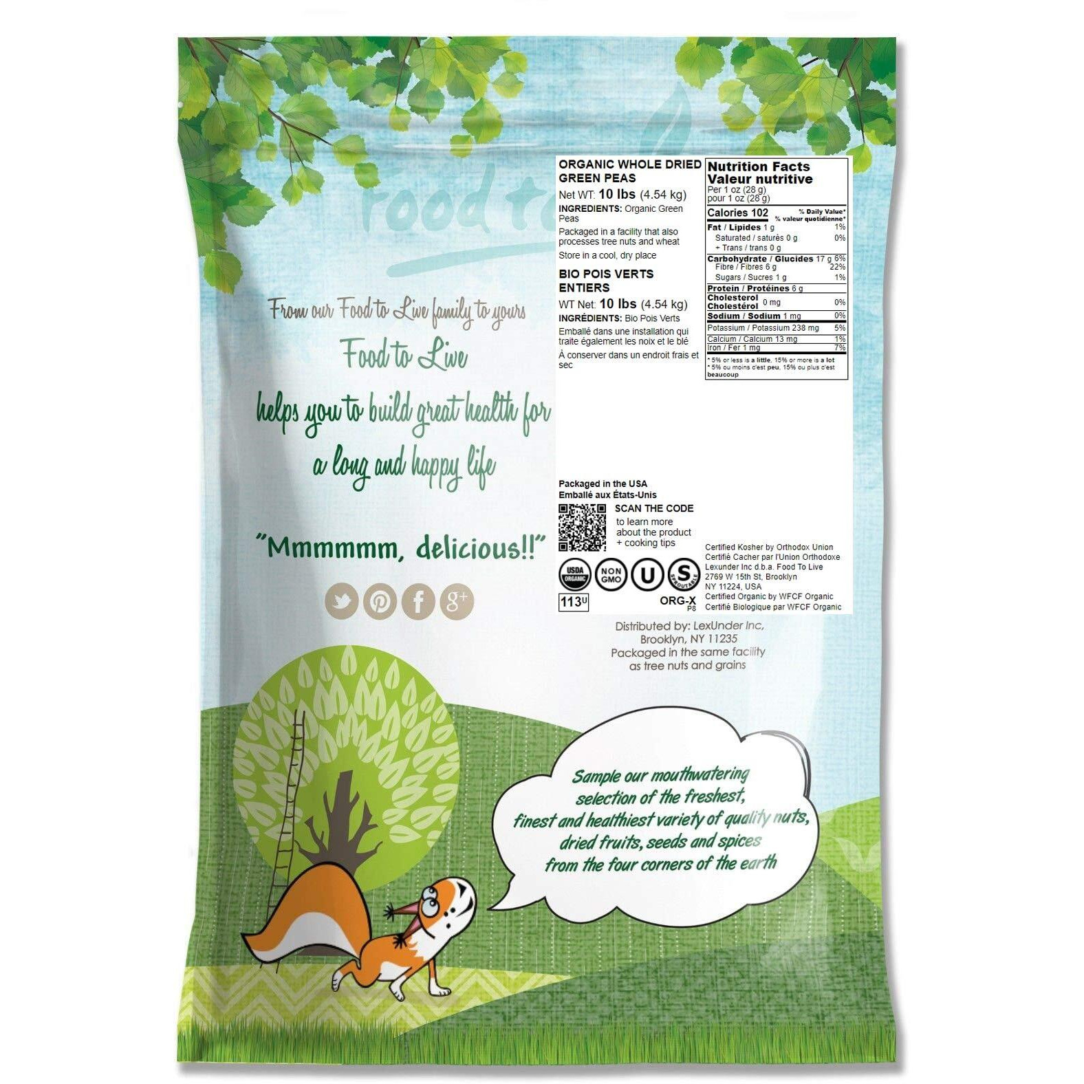 Food To Live Organic Green Peas, 10 Pounds Sproutable, Non-Gmo, Kosher, Dried