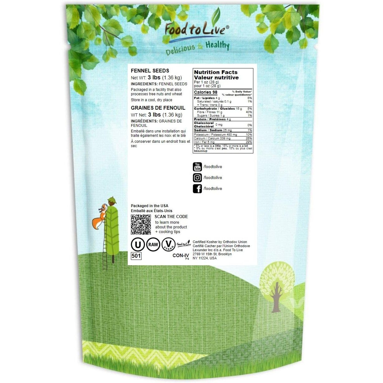 Food To Live Fennel Seeds, 3 Pounds - Whole Raw Seeds, Non-Irradiated, Kosher, Vegan, Bulk. Sweet Licorice Flavor. High In Dietary Fiber. Great For Fennel Tea