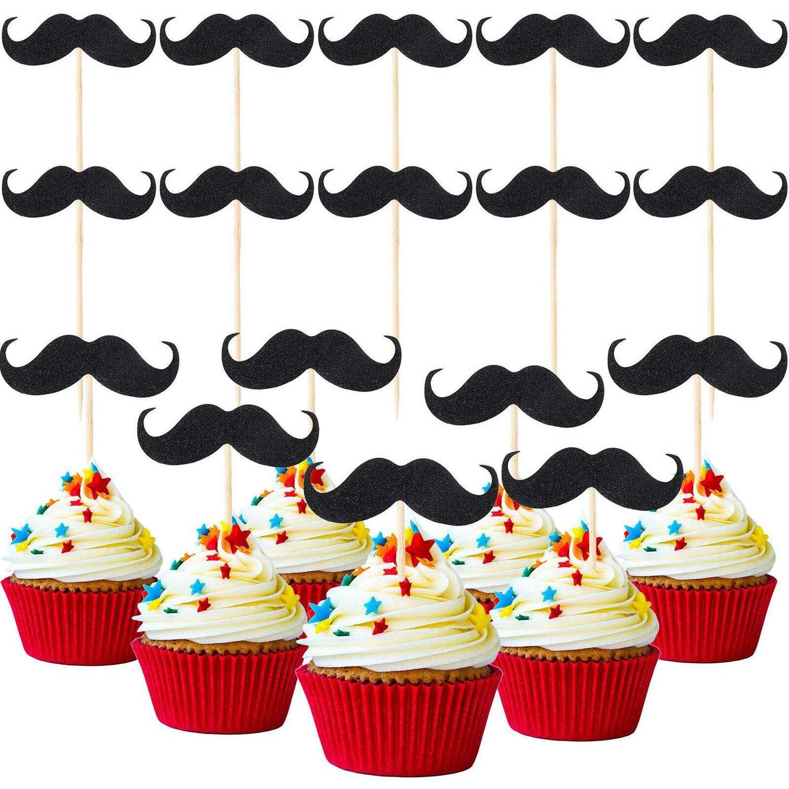 50 Pieces Mustache Cupcake Toppers Mustache Birthday Cake Topper Black Glitter Mustache Dessert Toppers For Baby Shower Kid's Birthday Party Decorations