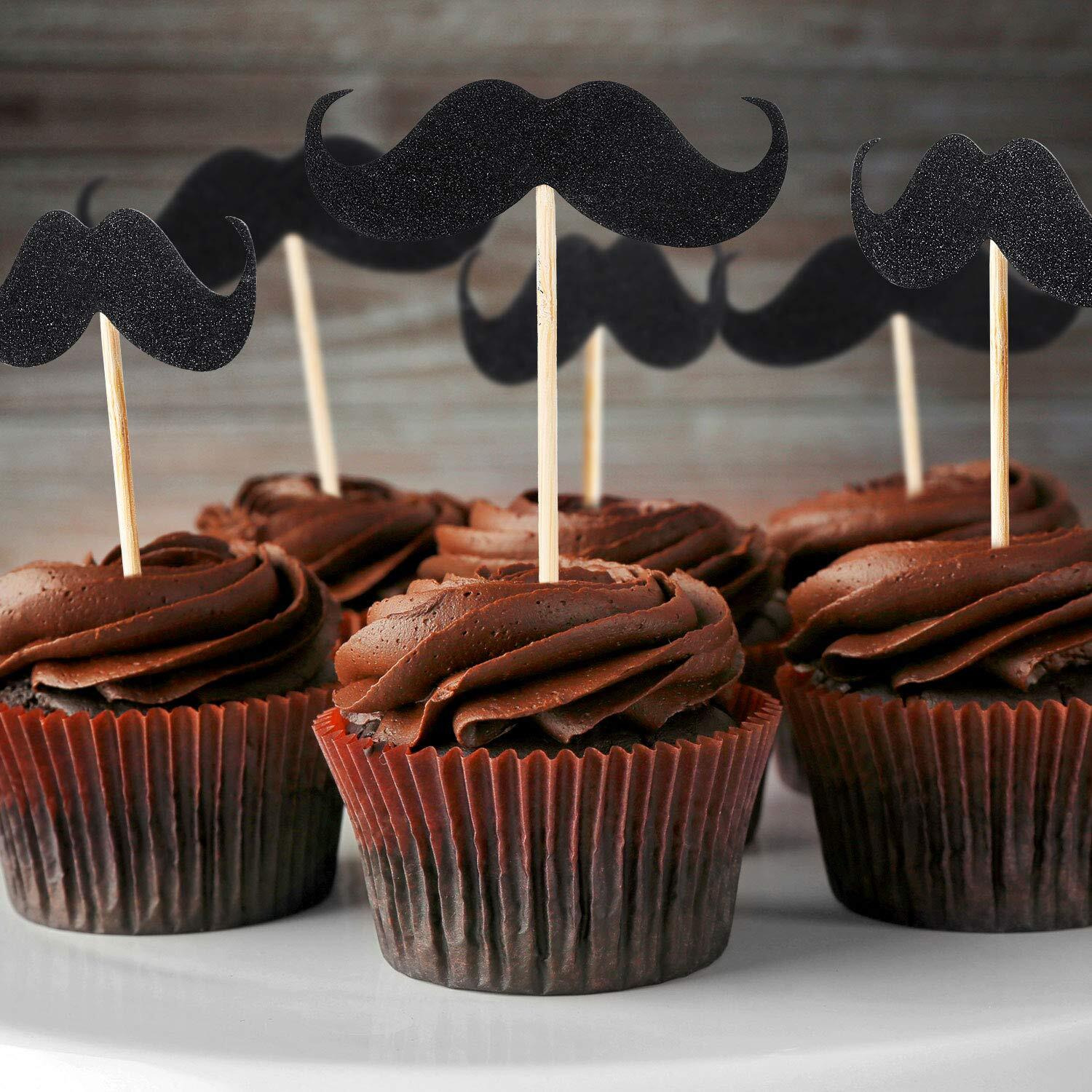 50 Pieces Mustache Cupcake Toppers Mustache Birthday Cake Topper Black Glitter Mustache Dessert Toppers For Baby Shower Kid's Birthday Party Decorations