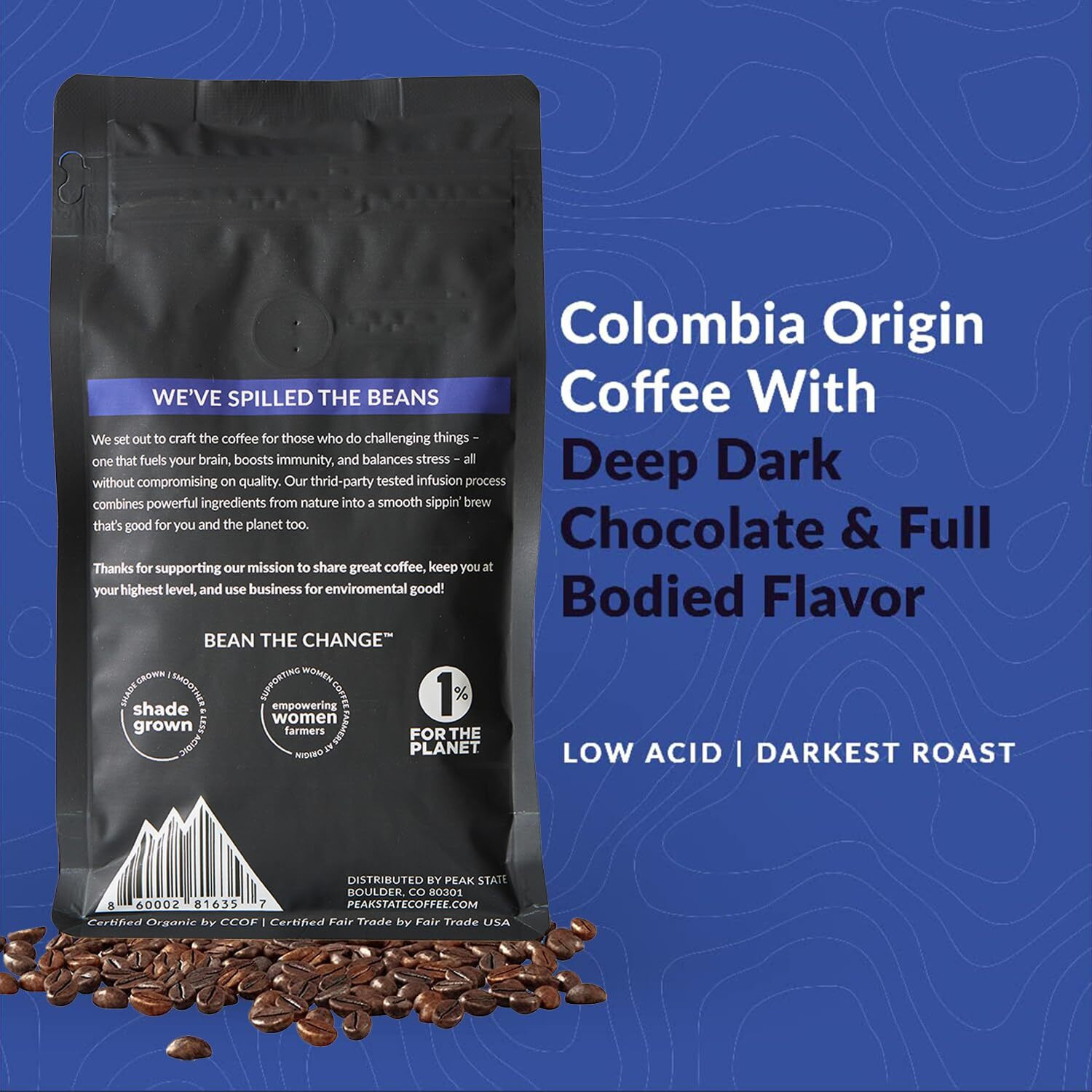 Peak State Coffee With Benefits - Mushroom Coffee Organic Coffee Beans - Stress Less Dark Roast Adaptogen Coffee With Reishi & Chaga - Low Acid Coffee - Mold Free, Mycotoxin Free,Vegan, Paleo, Dairy Free, Gluten-Free, Non-Gmo (12 Oz Bag, Whole Bean - 1.13/Cup)