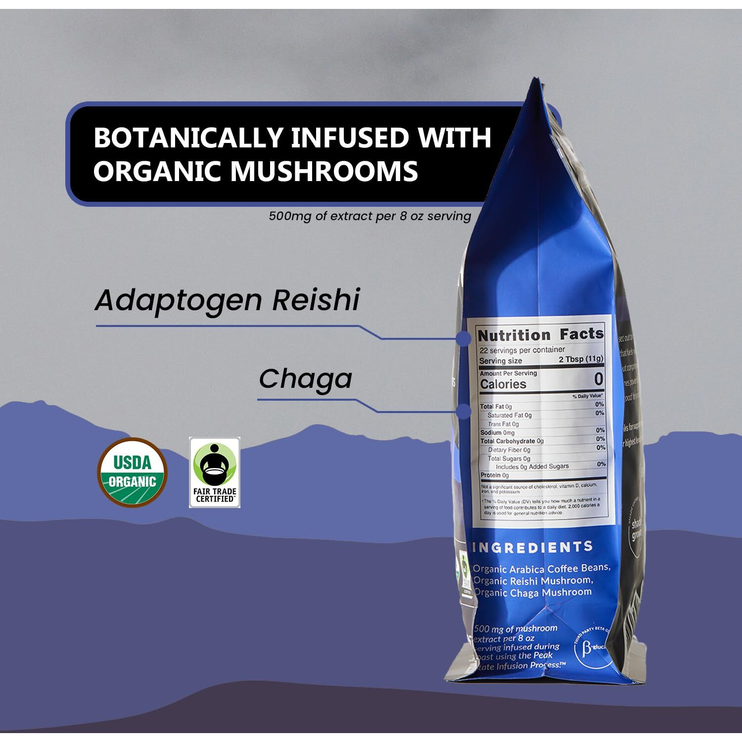 Peak State Coffee With Benefits - Mushroom Coffee Organic Coffee Beans - Stress Less Dark Roast Adaptogen Coffee With Reishi & Chaga - Low Acid Coffee - Mold Free, Mycotoxin Free,Vegan, Paleo, Dairy Free, Gluten-Free, Non-Gmo (12 Oz Bag, Whole Bean - 1.13/Cup)