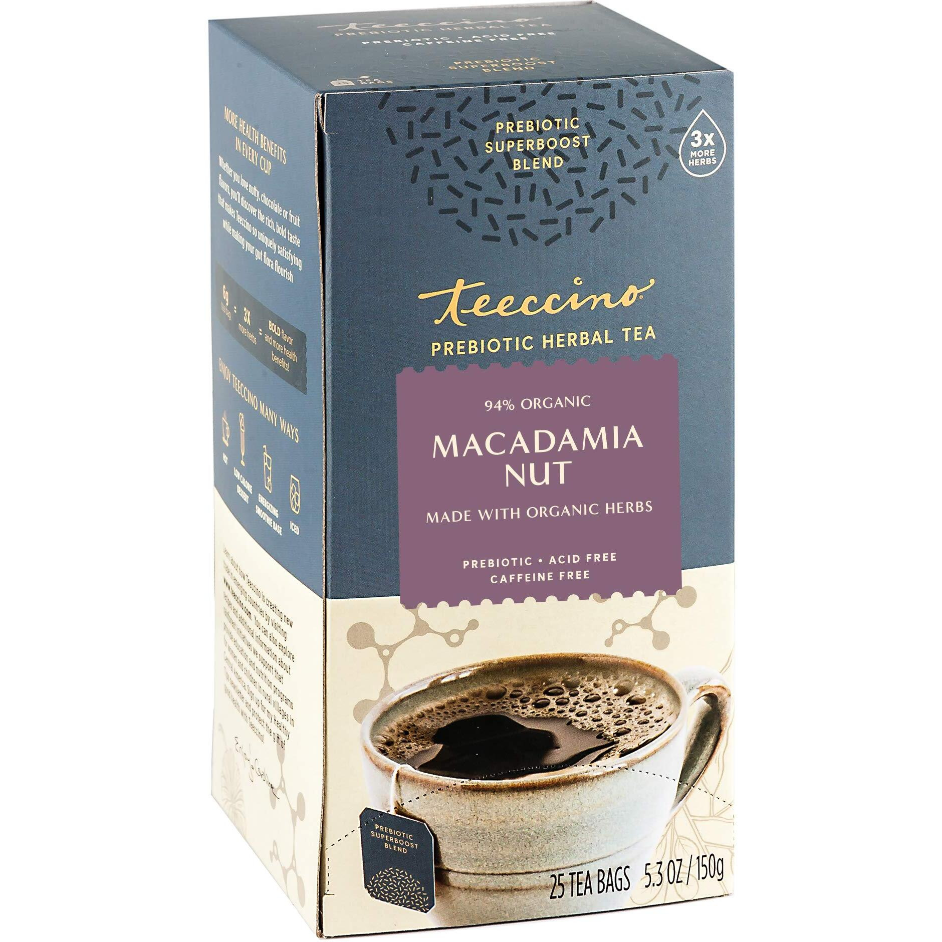 Teeccino Macadamia Nut - Prebiotic Superboost Herbal Tea - Support Your Probiotics With Vegan Gos & Organic Xos For Good Gut Health - Digestive Dessert Tea, 25 Tea Bags