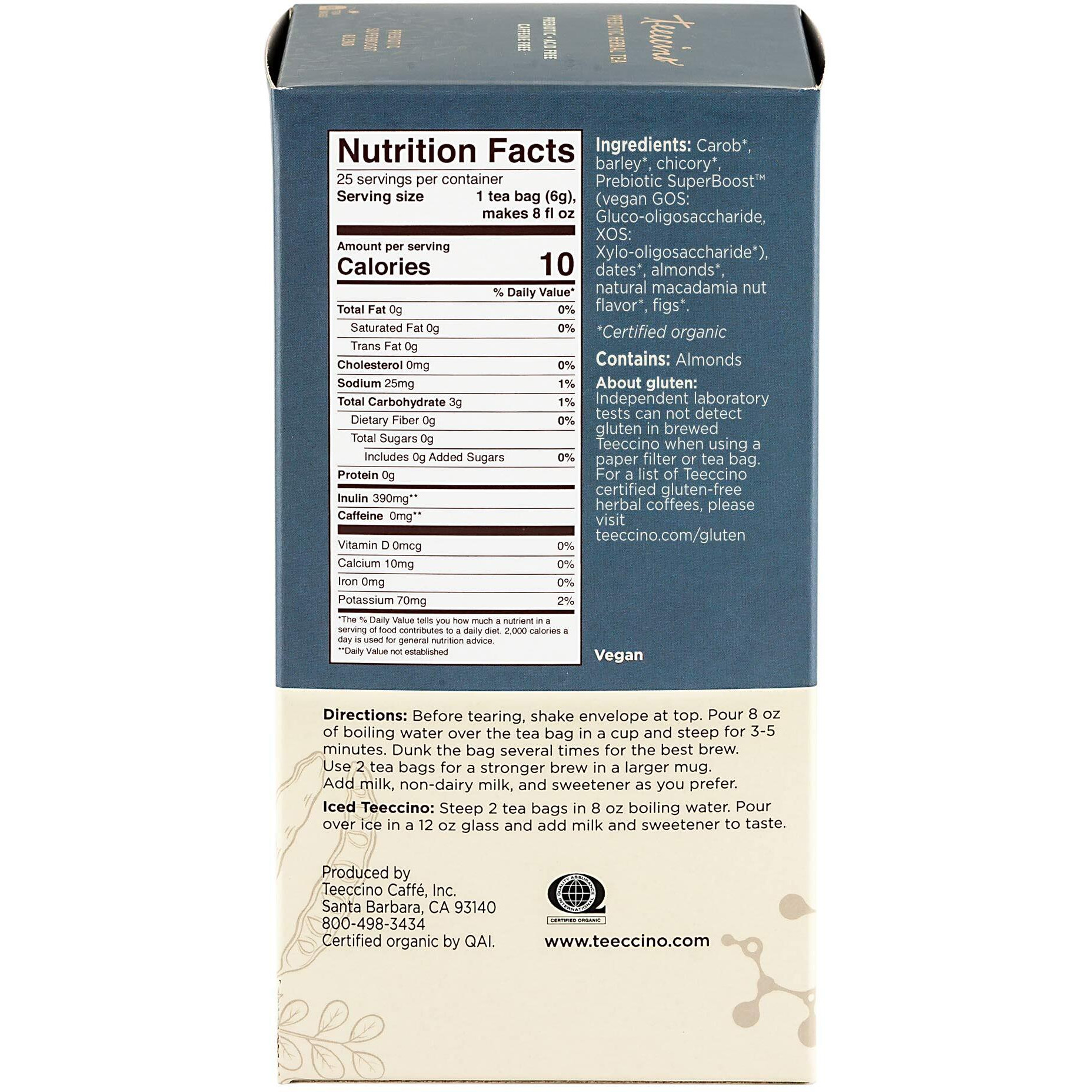 Teeccino Macadamia Nut - Prebiotic Superboost Herbal Tea - Support Your Probiotics With Vegan Gos & Organic Xos For Good Gut Health - Digestive Dessert Tea, 25 Tea Bags