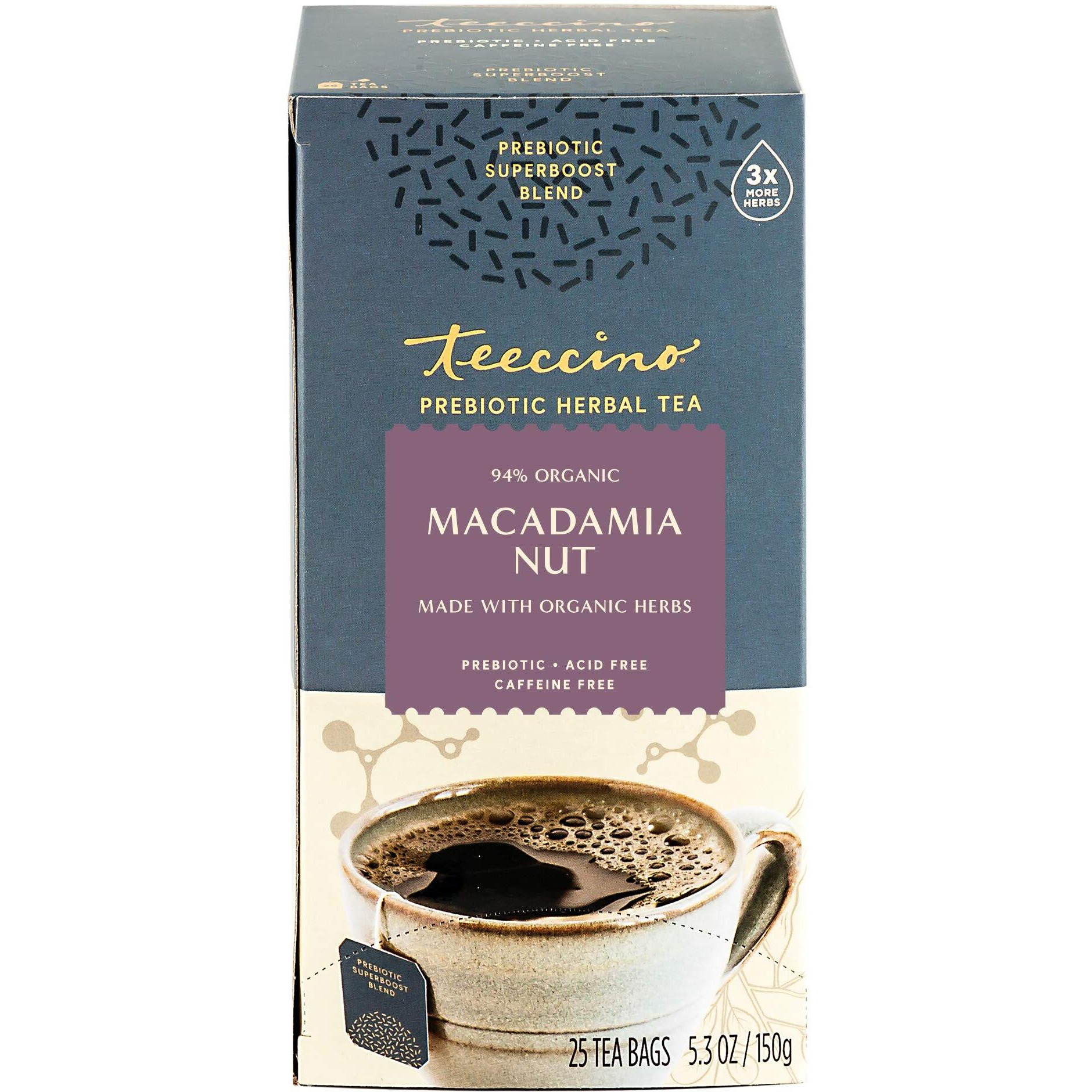 Teeccino Macadamia Nut - Prebiotic Superboost Herbal Tea - Support Your Probiotics With Vegan Gos & Organic Xos For Good Gut Health - Digestive Dessert Tea, 25 Tea Bags