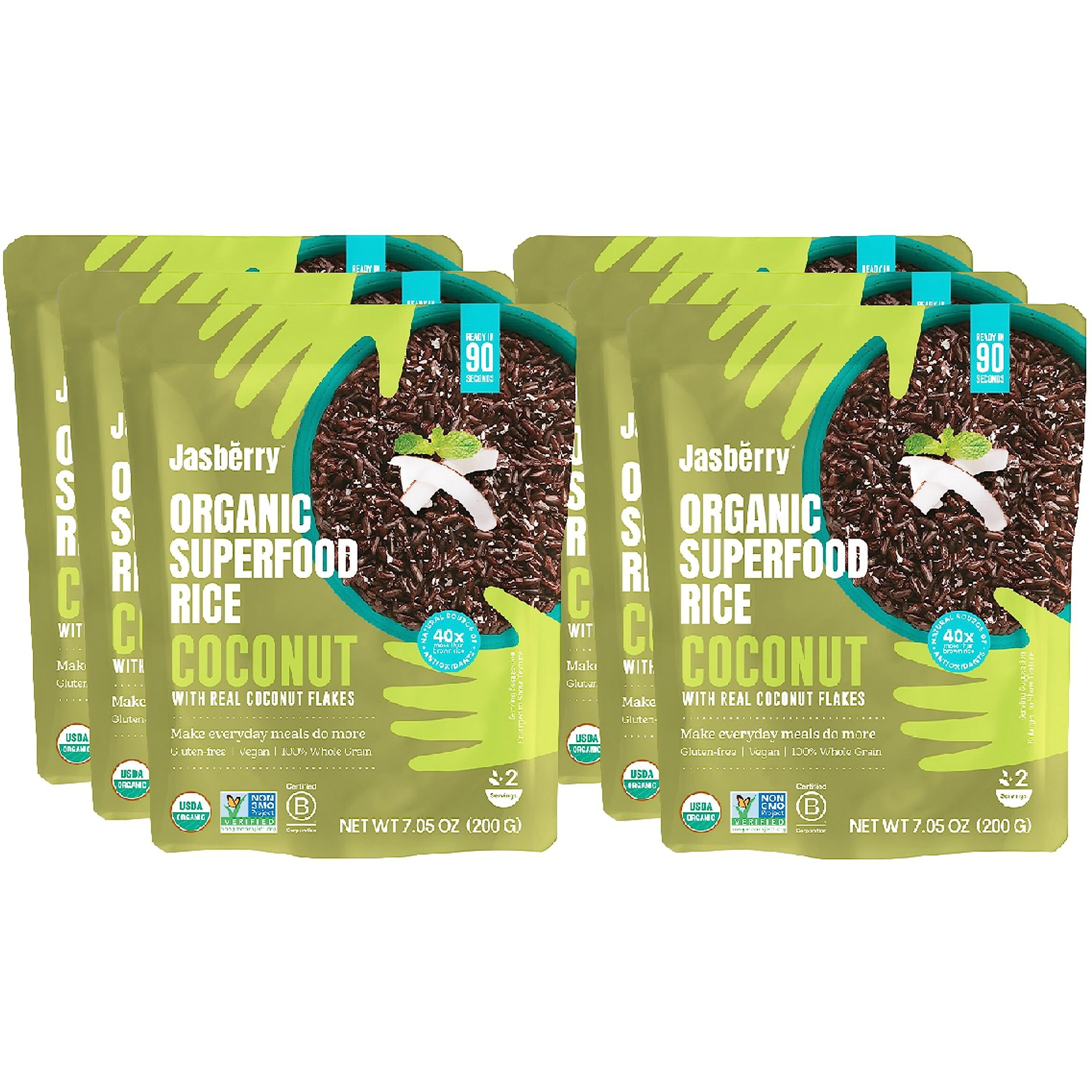 Jasberry Organic Rice With Coconut Flakes - Superfood Rice With High Antioxidants, Ready To Eat Or Heat, Non-Gmo, Gluten-Free, Usda Certified Organic, Vegan, (7Oz, 6-Pack)