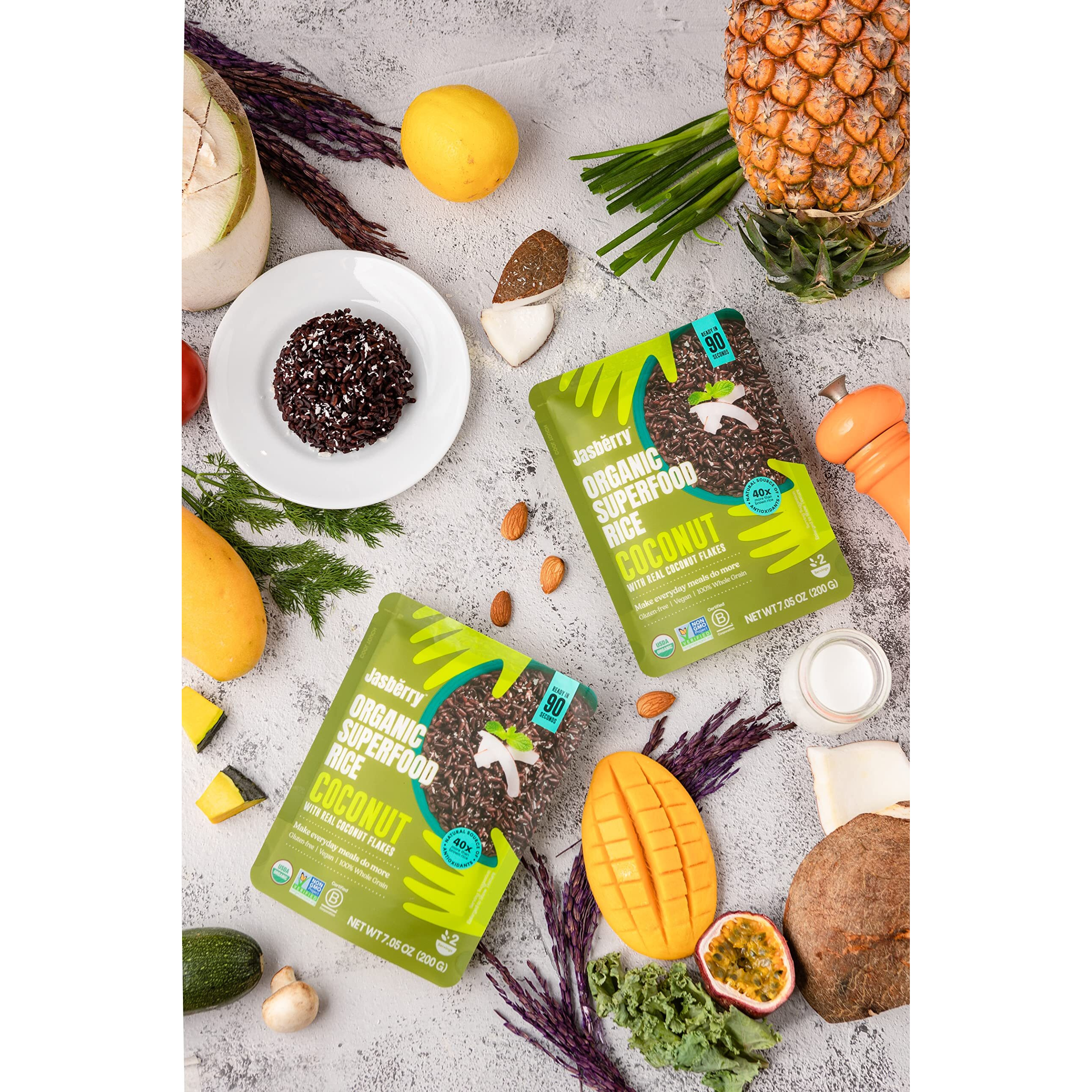 Jasberry Organic Rice With Coconut Flakes - Superfood Rice With High Antioxidants, Ready To Eat Or Heat, Non-Gmo, Gluten-Free, Usda Certified Organic, Vegan, (7Oz, 6-Pack)