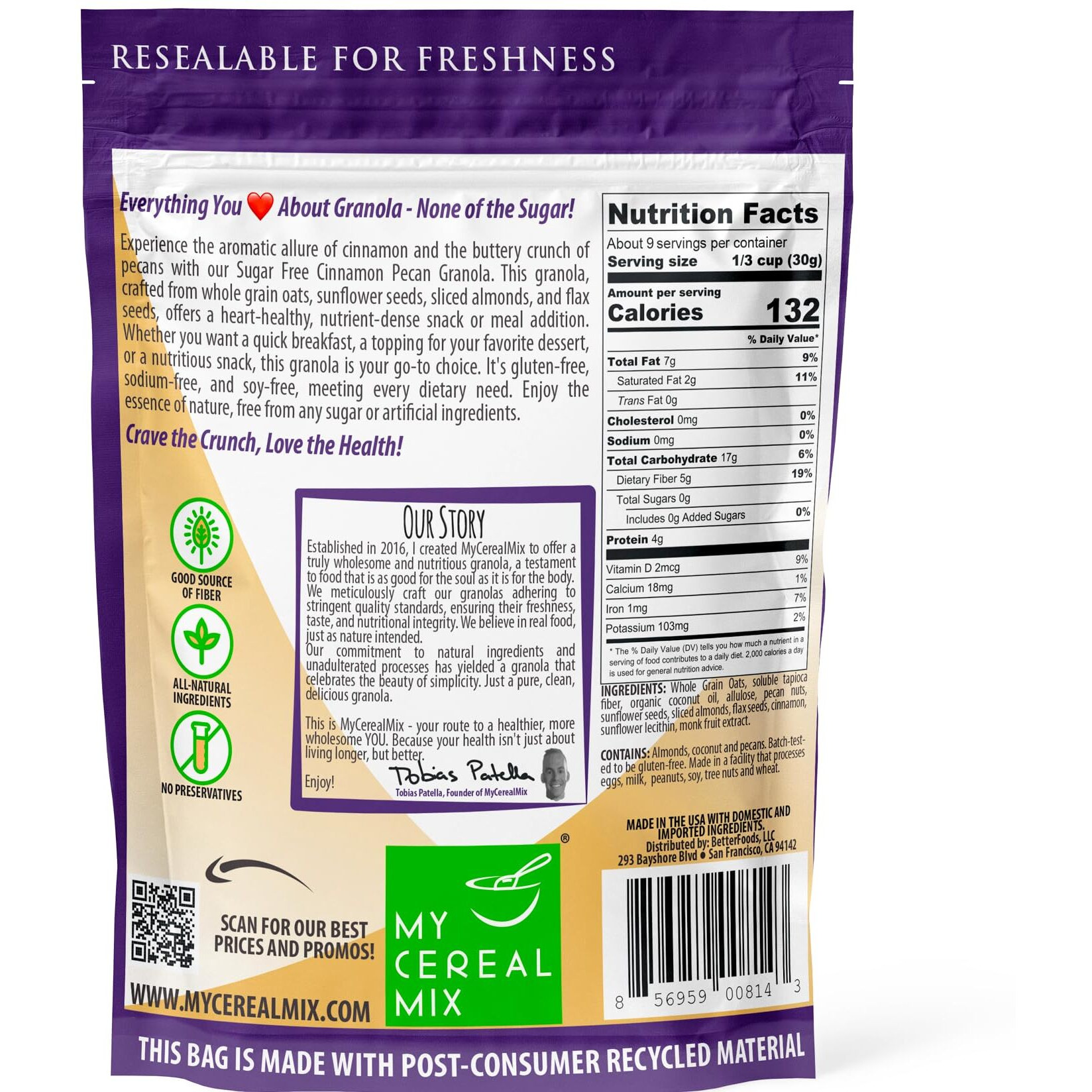 Mycerealmix Sugar Free Granola - Cinnamon Pecan - Natures Crunchy Delight | Gluten Free, Soy Free, Sodium Free, No Sugar Alcohols, All Natural Ingredients, Vegan | Healthy All-Natural Breakfast Cereal