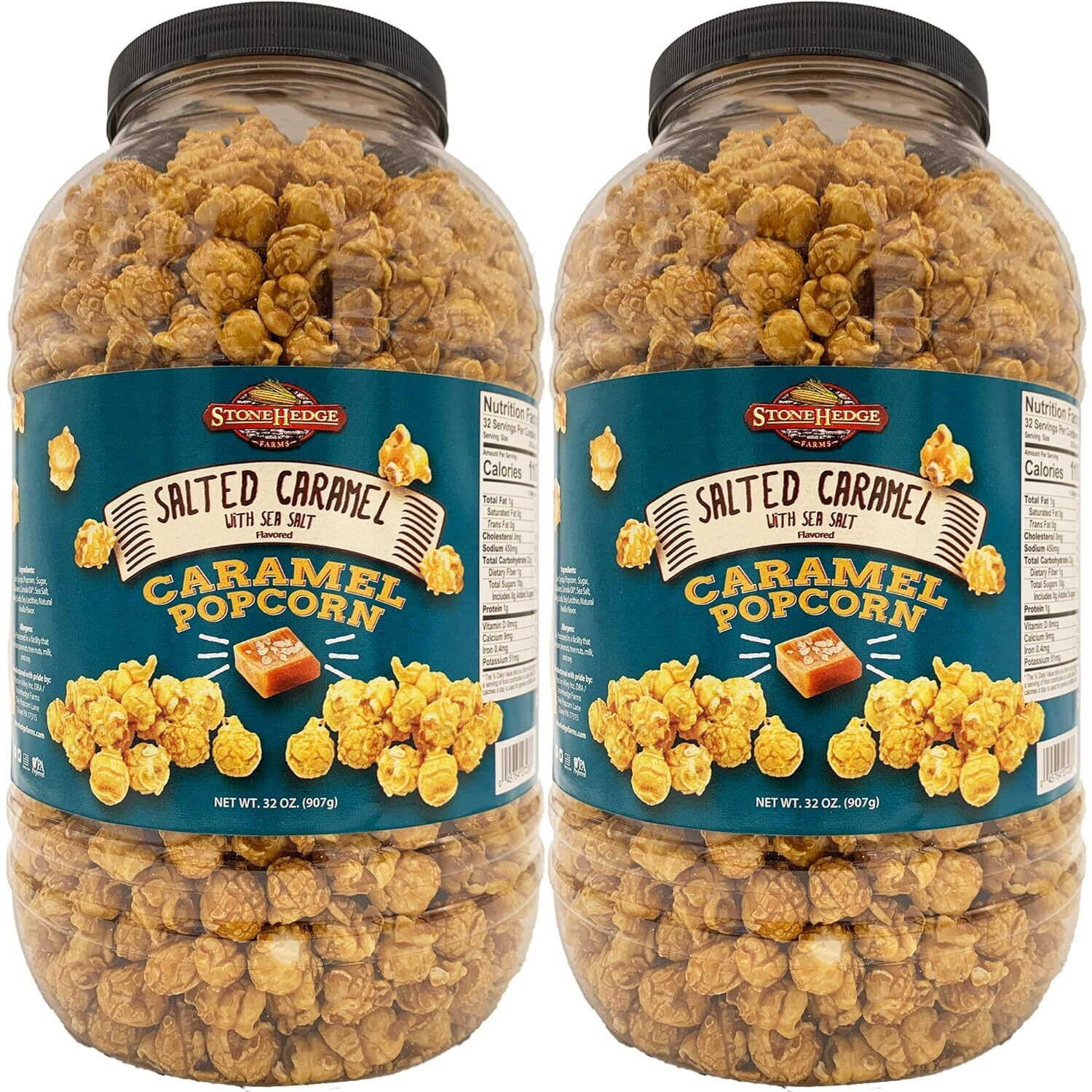 Stonehedge Farms Salted Caramel Flavored Popcorn Barrel - 2 Pack - 32 Ounces Each - Reclosable Container - Made In Usa - Gluten Free