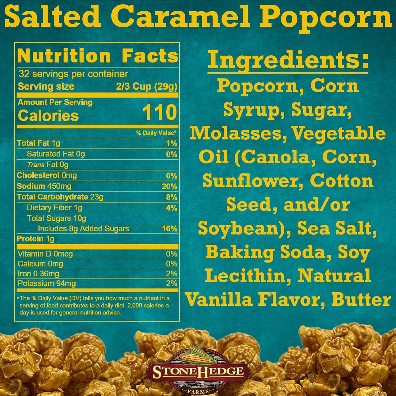 Stonehedge Farms Salted Caramel Flavored Popcorn Barrel - 2 Pack - 32 Ounces Each - Reclosable Container - Made In Usa - Gluten Free