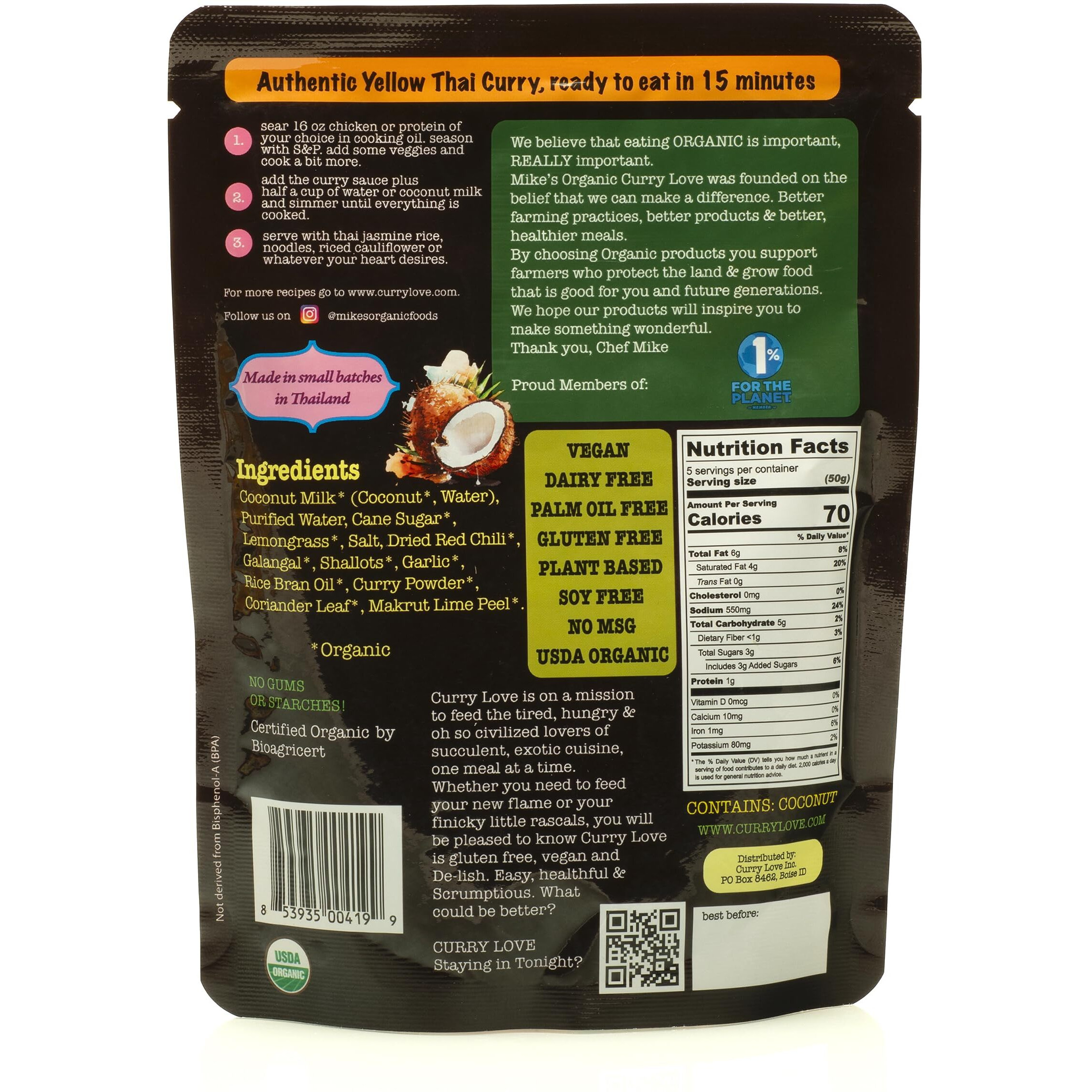 Mike's Organic Variety 6 Pack Of Curry Sauces Organic. Vegan. Dairy Free. Made In Thailand. Red, Yellow, Green | Case Of 6 X 8.8 Oz Pouches