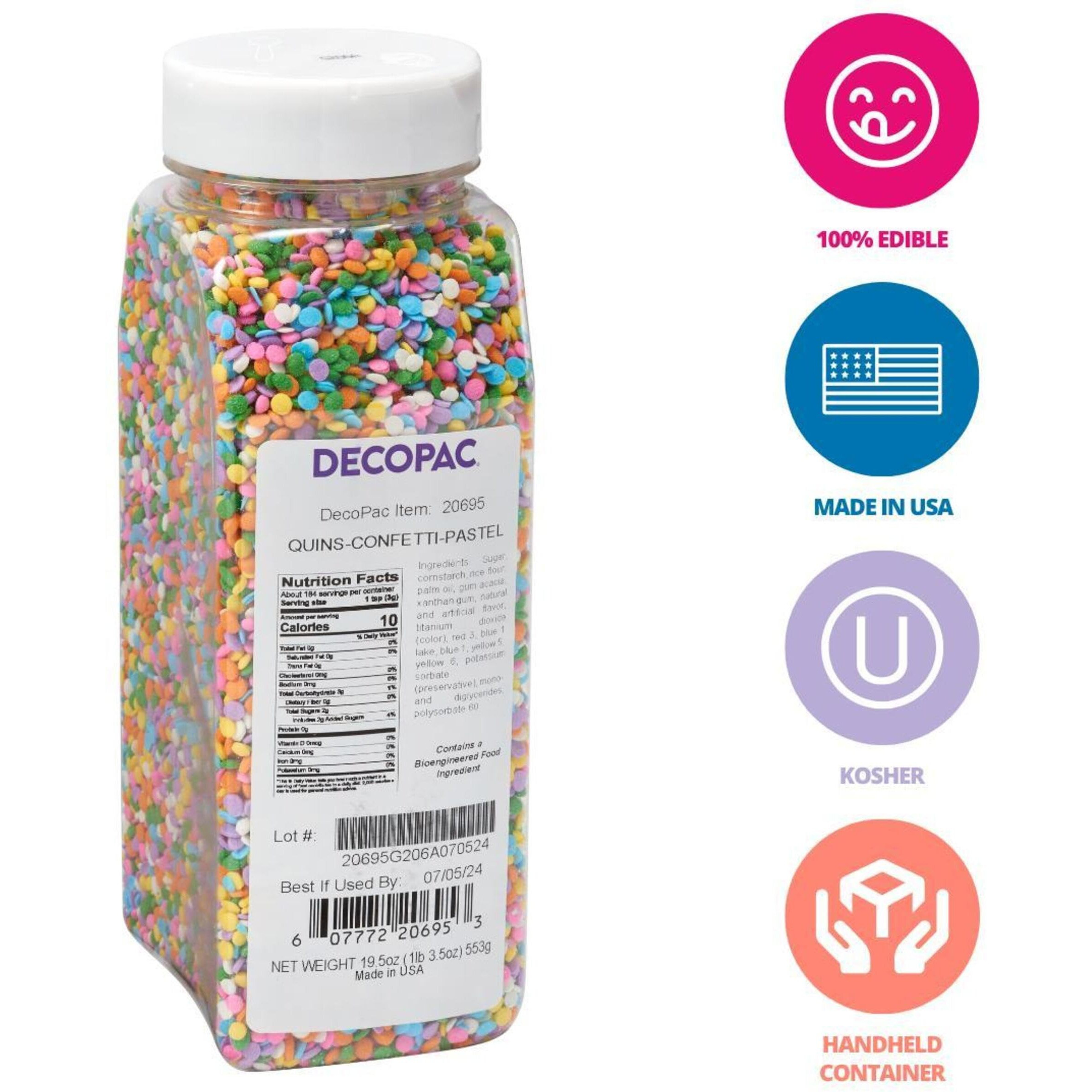 Decopac Quins Fancy Sprinkles, 19.5Oz, Candy Sprinkles In Handheld Container, Edible Sprinkles For Celebration Cakes, Cupcakes, Cookies - Pastel Sequin Quins