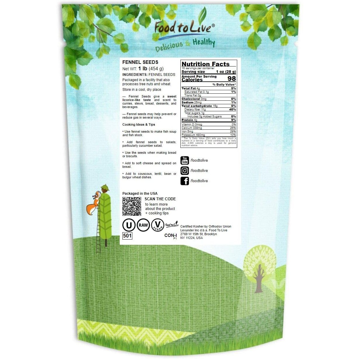 Food To Live Fennel Seeds, 1 Pound - Whole Raw Seeds, Non-Irradiated, Kosher, Vegan, Bulk. High In Dietary Fiber. Great For Fennel Tea. Pairs Well With Seafood, Indian, And Middle East Dishes.