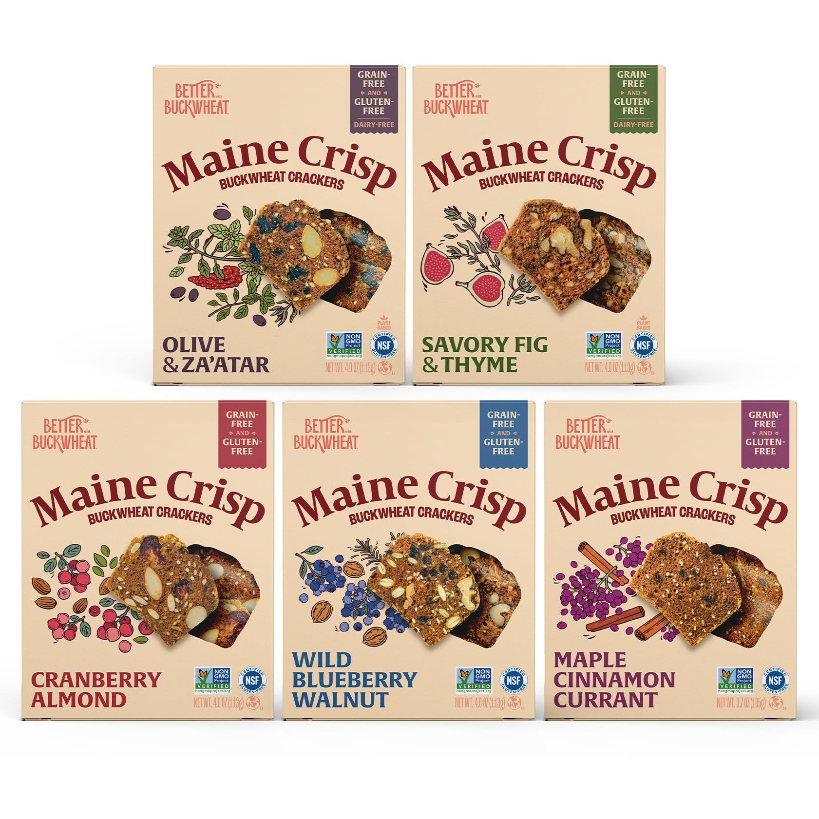 Maine Crisp Variety 5 Pack, Gluten Free Crackers - Snack Crackers, Grain Free, Non-Gmo - Cranberry Almond, Cinnamon Maple, Savory Fig & Thyme, Wild Blueberry Walnut, Olive & Za'Atar, For Cheese Boards, Salad Toppings & Jams