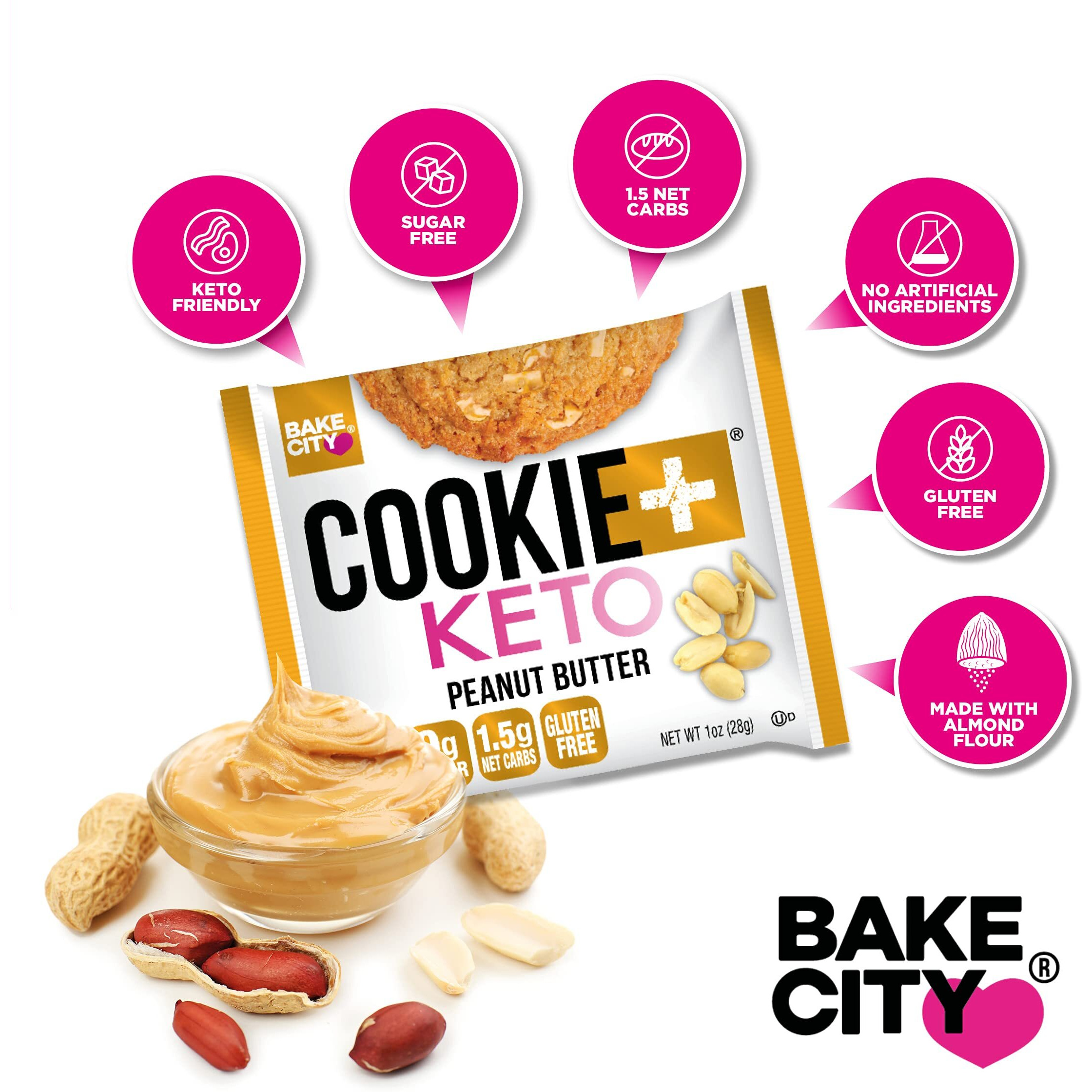 Bake City Cookie Plus Keto | 1Oz Peanut Butter Cookies (12 Pack), Gluten Free, 0G Sugar, Only 1.5G Net Carbs, Good Fats, 5G Protein, Kosher, No Artificial Flavors