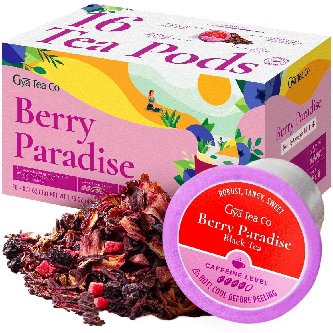 Gya Tea Co Berry Paradise Black Tea K Cups For Keurig - Highly Caffeinated Smooth Tea K Cups - Start Day With Tea Pods For Keurig - Finest Black Tea K Cup Tea Pods For Keurig 2.0 - 16 Count Tea Gifts