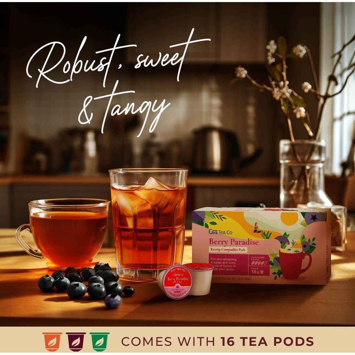 Gya Tea Co Berry Paradise Black Tea K Cups For Keurig - Highly Caffeinated Smooth Tea K Cups - Start Day With Tea Pods For Keurig - Finest Black Tea K Cup Tea Pods For Keurig 2.0 - 16 Count Tea Gifts