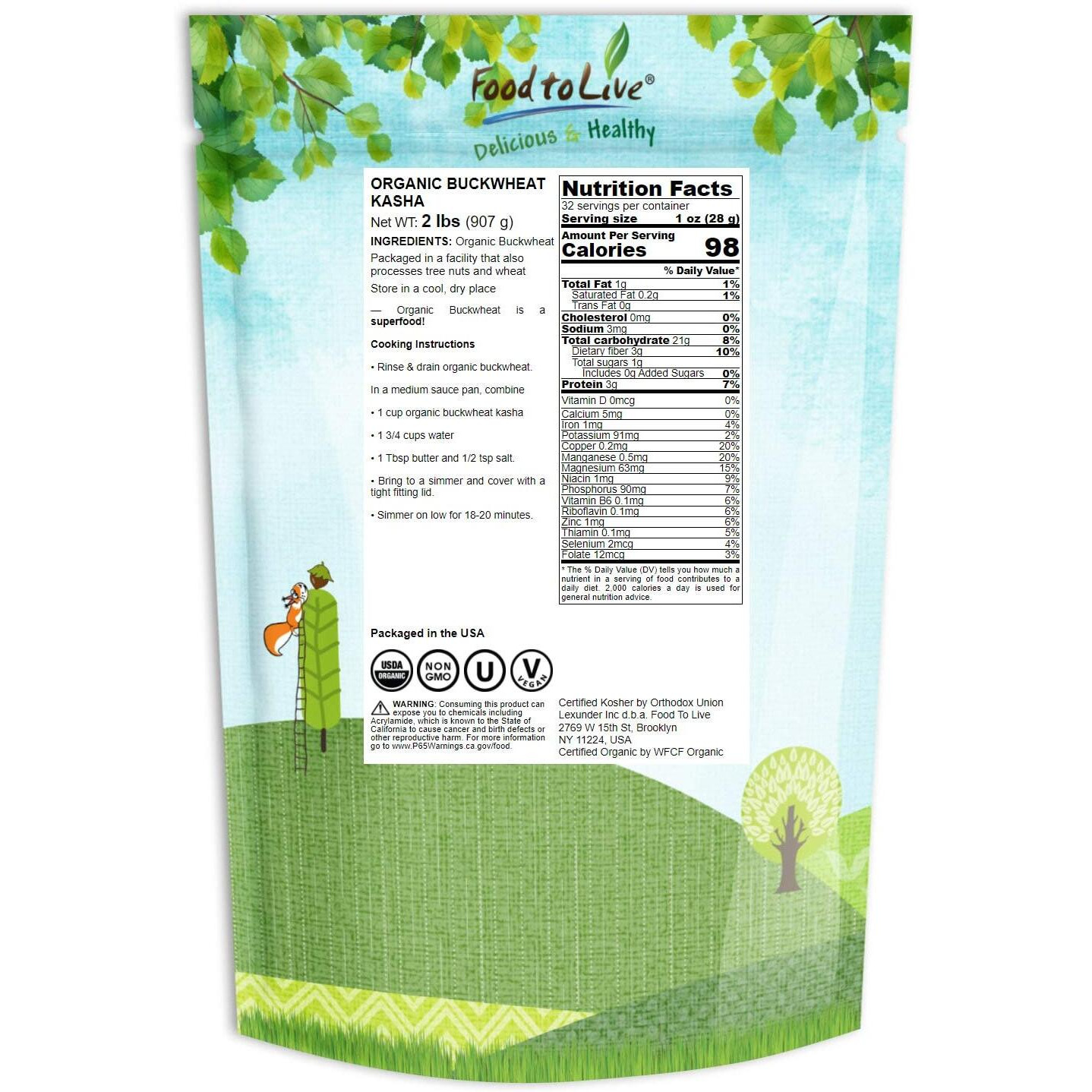 Food To Live Organic Buckwheat Kasha (Grechka, Toasted Whole Groats, Non-Gmo, Kosher, Sirtfood, Bulk) By Food To Live - 2 Pounds