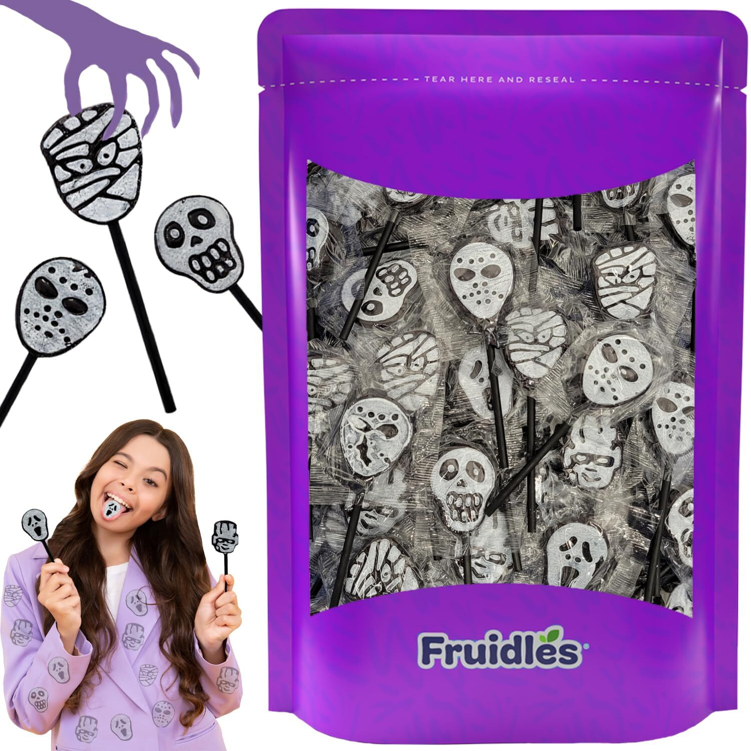 Fruidles Halloween Tattoo Lollipop, Skulls, Mummies, And Ghosts Suckers Candy, Great For Halloween Goody Bag Fillers, Individually Wrapped (1 Pound - Approx. 50 Suckers)