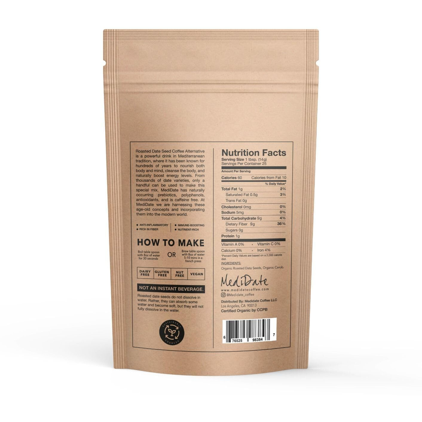 Medidate Coffee Alternative - Roasted Date Seeds + Carob - Naturally Occurring Prebiotics | Polyphenols | Caffeine & Acid Free (12 Oz. / 25 Servings)