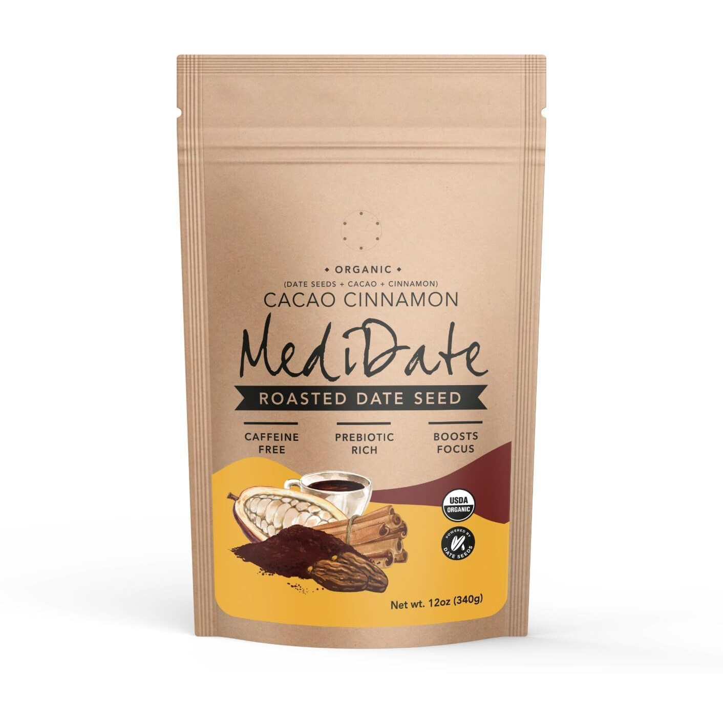Medidate Coffee Alternative - Roasted Date Seeds + Cacao + Cinnamon - Naturally Occurring Prebiotics | Polyphenols | Caffeine & Acid Free (12 Oz. / 25 Servings)