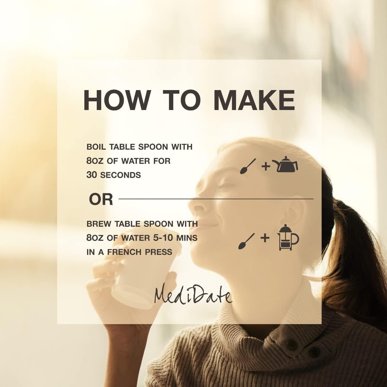 Medidate Coffee Alternative - Roasted Date Seeds + Cacao + Cinnamon - Naturally Occurring Prebiotics | Polyphenols | Caffeine & Acid Free (12 Oz. / 25 Servings)