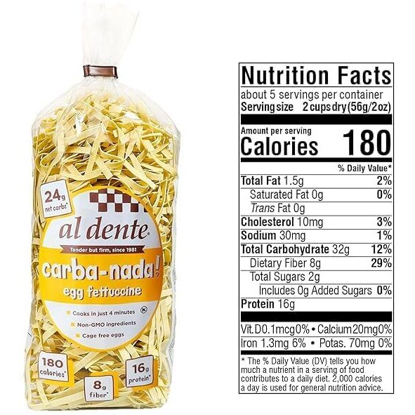 Al Dente, Carba-Nada Variety 2 Pack, Lower Carb, Egg Fettuccine & Roasted Garlic Fettuccine, Non-Gmo, Homemade Taste & Texture, High Protein