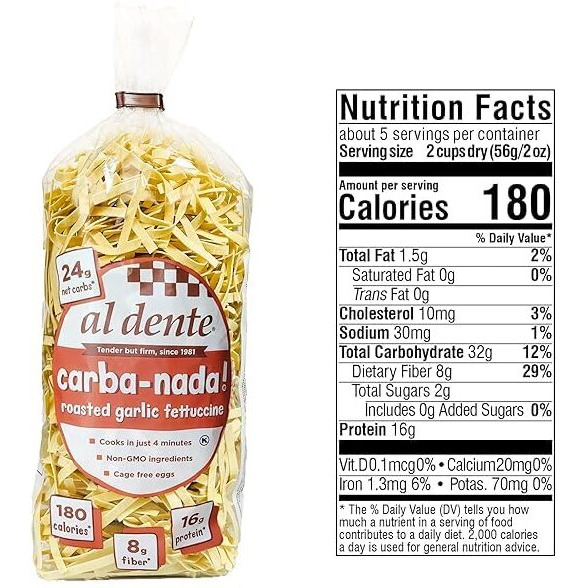 Al Dente, Carba-Nada Variety 2 Pack, Lower Carb, Egg Fettuccine & Roasted Garlic Fettuccine, Non-Gmo, Homemade Taste & Texture, High Protein