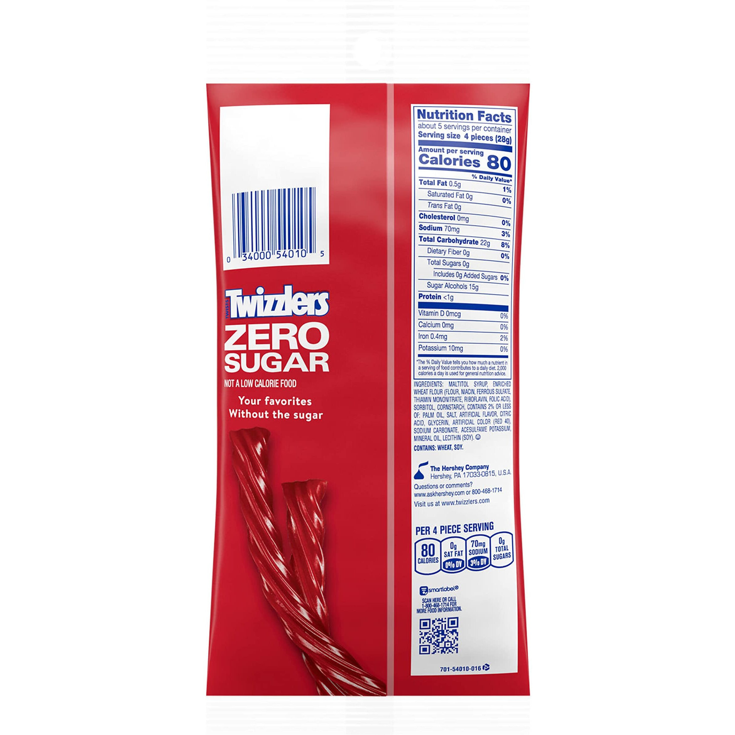 Twizzlers Zero Sugar Twists Strawberry Flavored Licorice Style, Candy Bag, 5 Oz