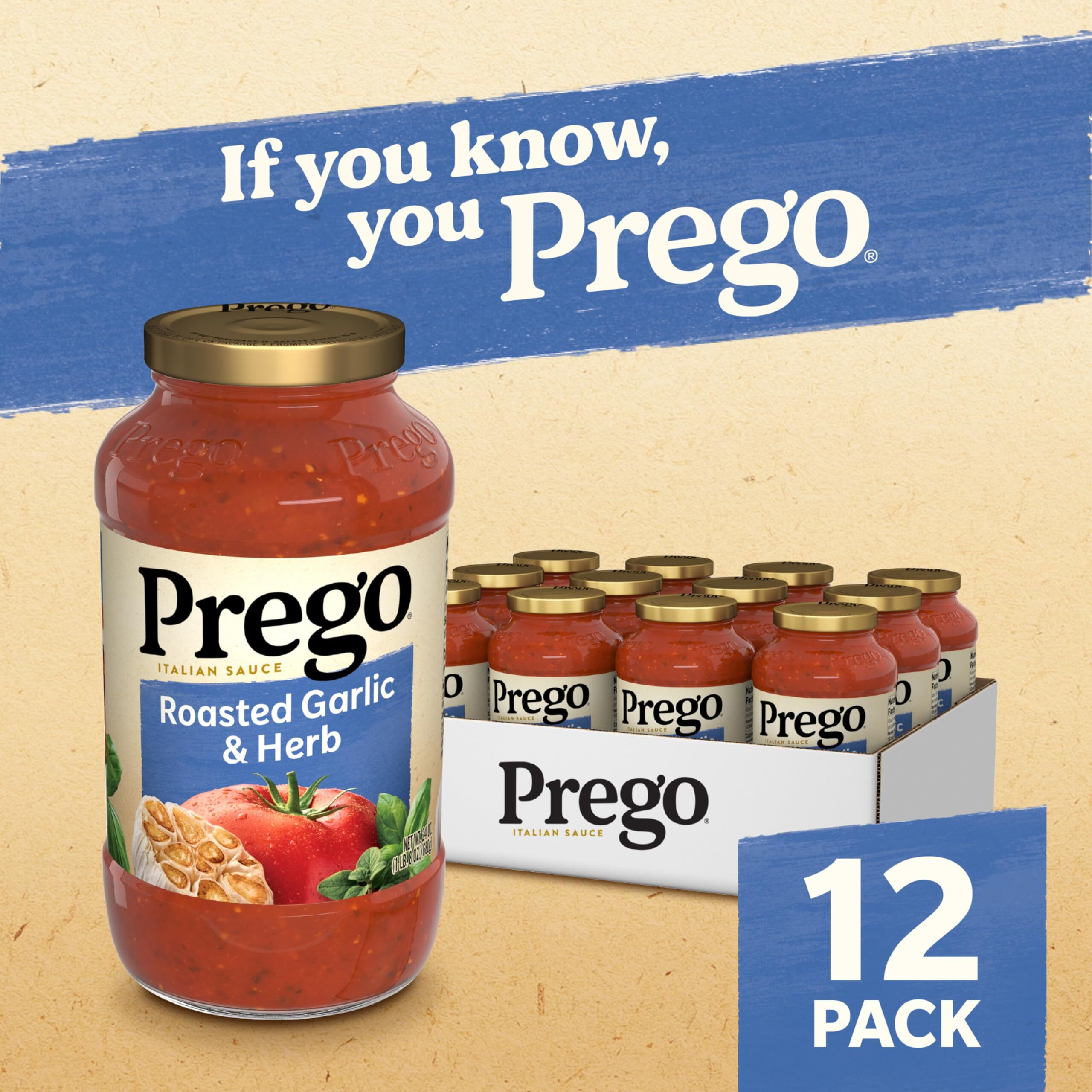 Prego Pasta Sauce, Italian Tomato Sauce With Roasted Garlic & Herbs, 24 Oz Jar (Case Of 12)