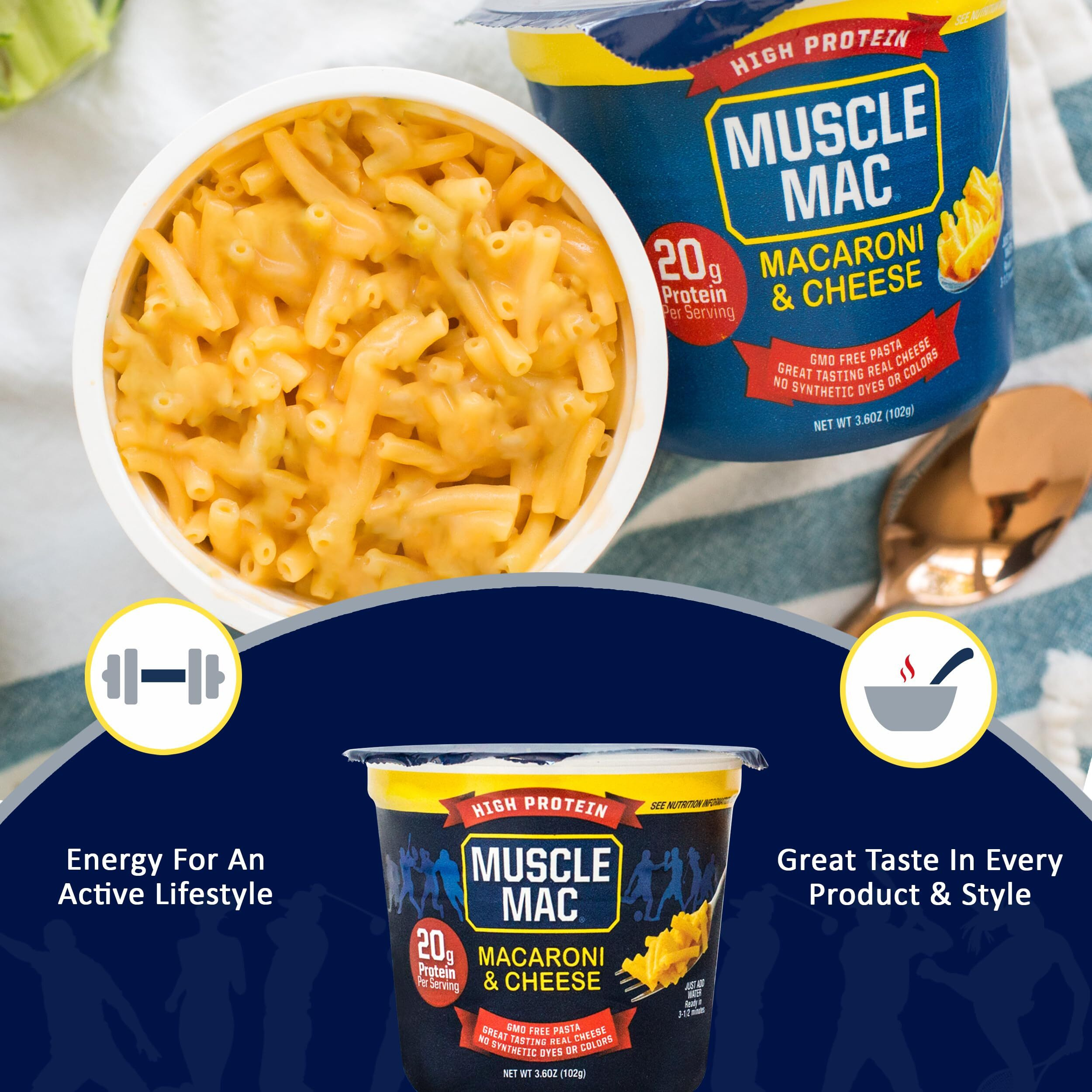 Muscle Mac Macaroni And Cheese Dinner With Real Cheese, Microwaveable, 20G Of Protein, 3.6 Oz Per Cup (Pack Of 12)