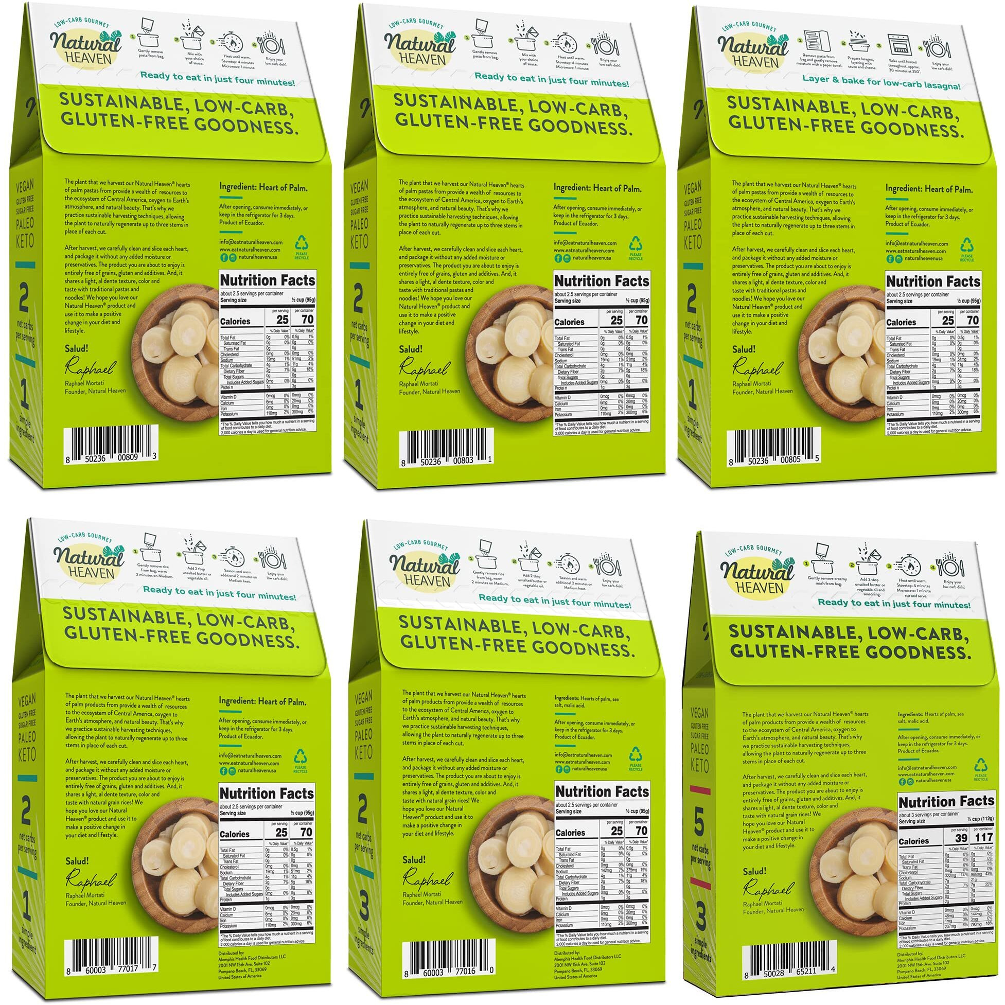 Natural Heaven Gift Set - Hearts Of Palm Variety Pack - Low-Carb, Low-Calorie Creamy Mash, White & Brown Rice, Spaghetti Noodles, Lasagna, Angel Hair Pasta, Keto Foodie Gifts, 9 Oz (Pack Of 6)