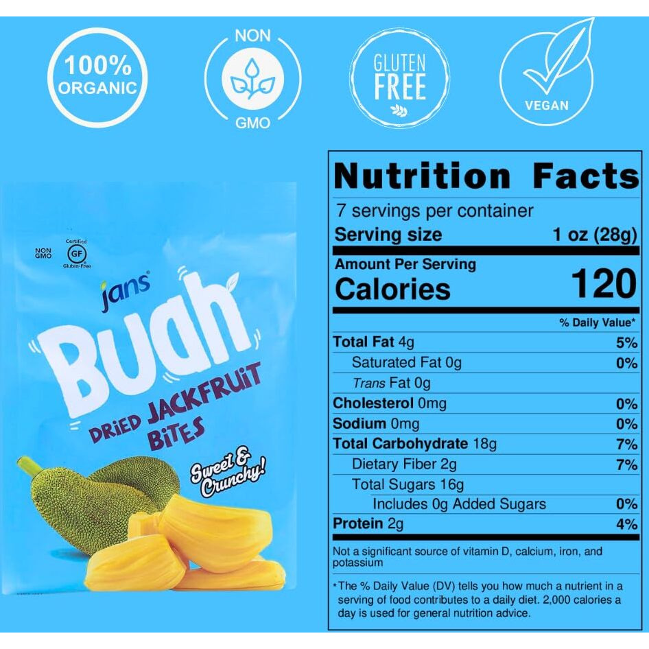 Jan's Buah Dried Jackfruit Bites - Experience Real Fruit, Gluten-Free, Sweet & Crunchy, Ready-To-Eat, Perfect For Anytime Snacking | 7.05 Oz (Pack Of 1)