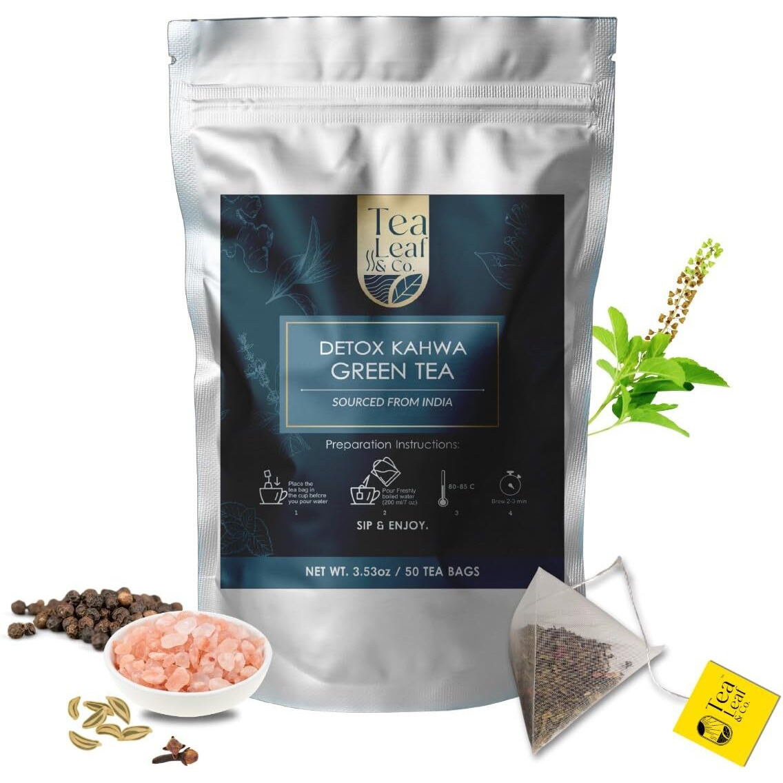 Tea Leaf & Co. Detox Kahwa Green Tea Bags (50 Count), Green Tea With Ginger, Tulsi & Rock Salt, Caffeinated, Natural Green Tea, Blended With Fresh Herbs And Spices, Gluten Free