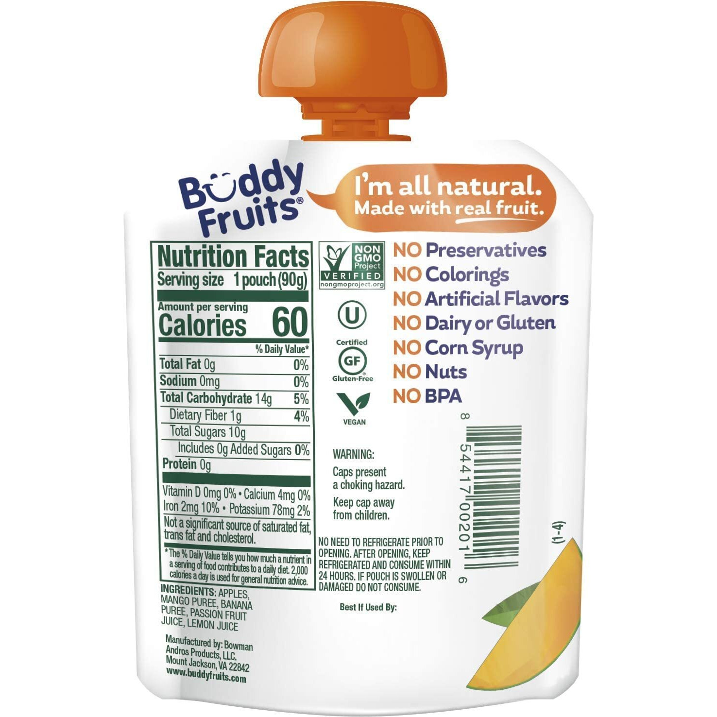 Buddy Fruits Pure Blended Fruit Snack To Go Apple, Mango, Banana And Passion Fruit Applesauce 3.2Oz (Pack Of 12) | 100% Real Fruit | No Sugar, Non Gmo, Vegan, No Preservatives, Certified Kosher