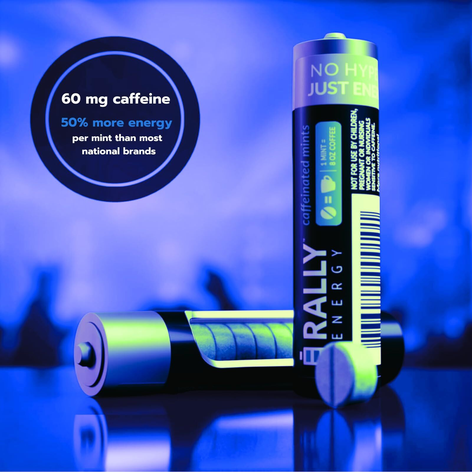 Rally Energy Caffeine Mints, 60Milligram Caffeine, Instant Energy, Fresh Breath Caffeinated Mints, 0 Sugar, Natural Wintergreen Flavor (12 Packs, 120 Mints)